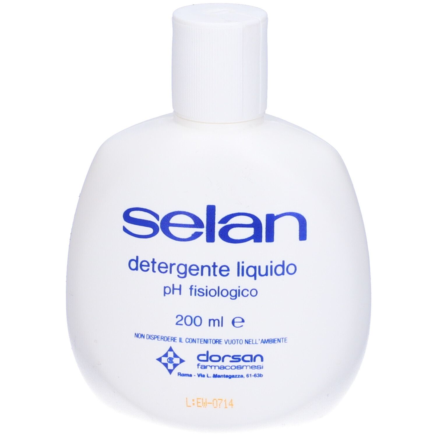 Flacone bianco con scritta blu "selan detergente liquido pH fisiologico". Contiene 200 ml.