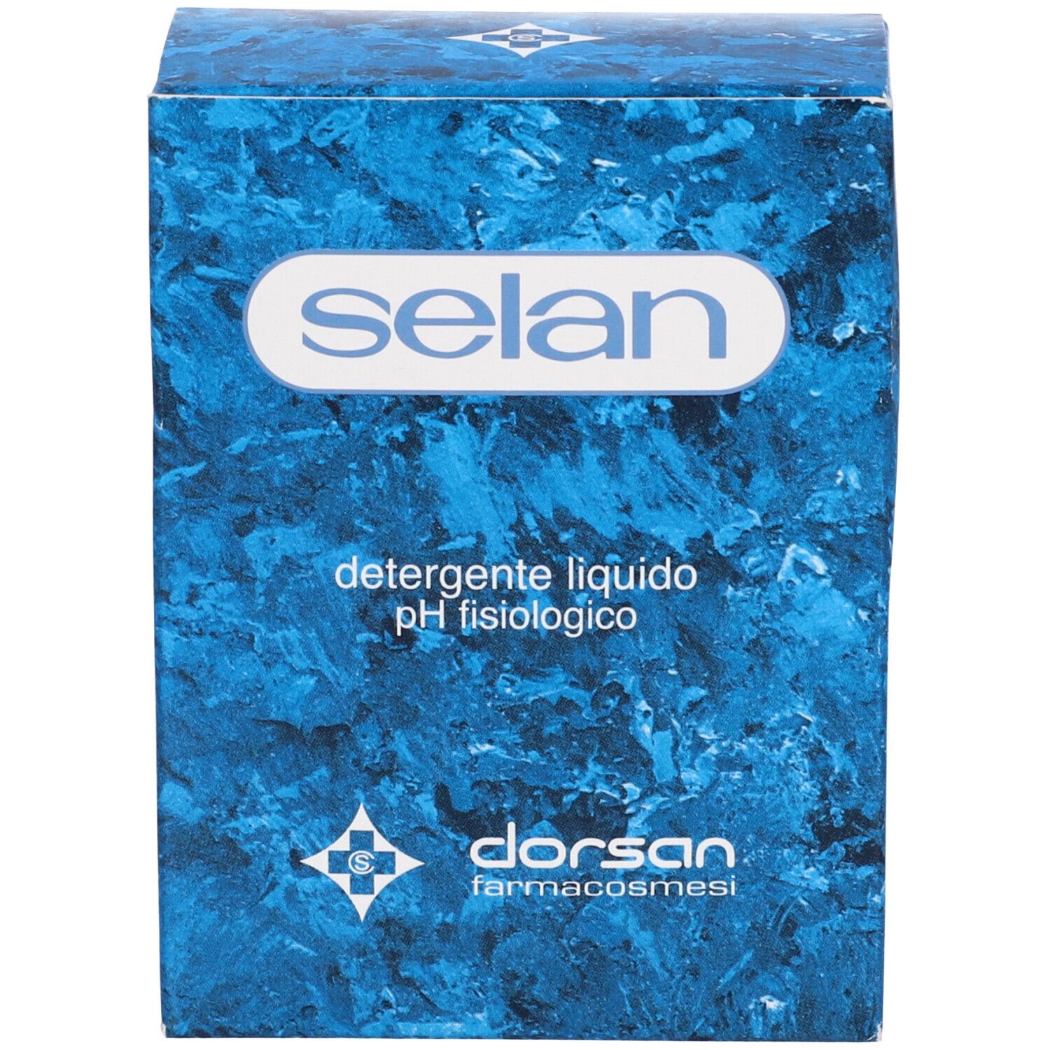Scatola blu con scritta bianca "selan detergente liquido pH fisiologico".
