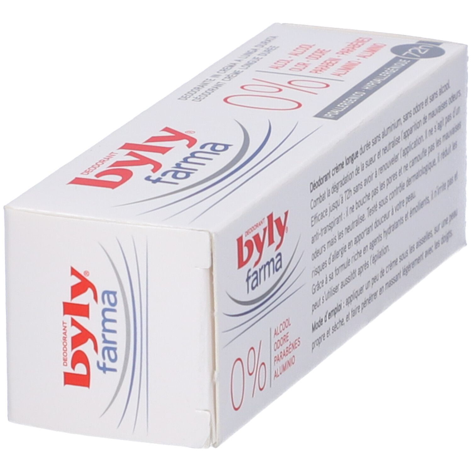 Confezione bianca inclinata con logo rosso "byly farma" e "0%". Testo in francese.