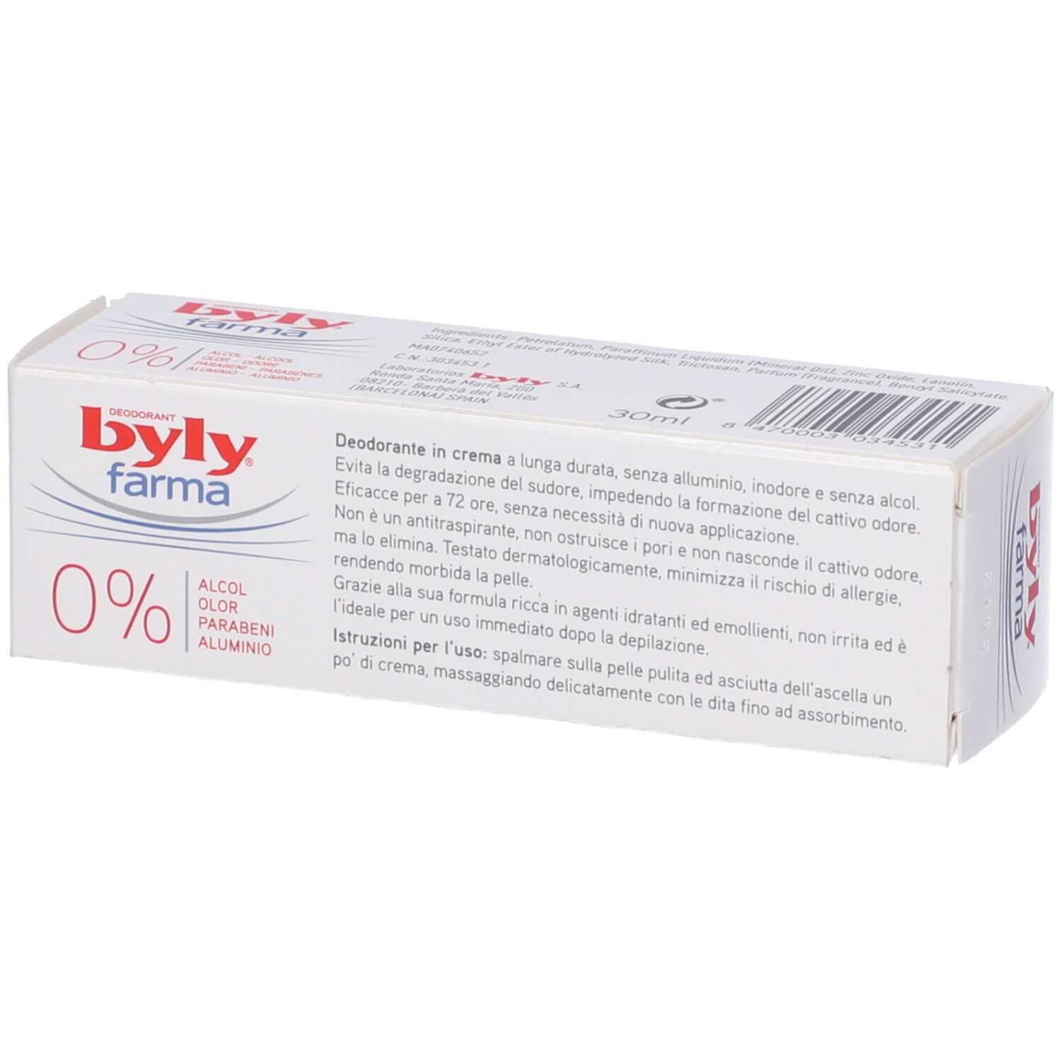 Confezione bianca con logo rosso "byly farma" e scritta "0%". Testo in italiano.