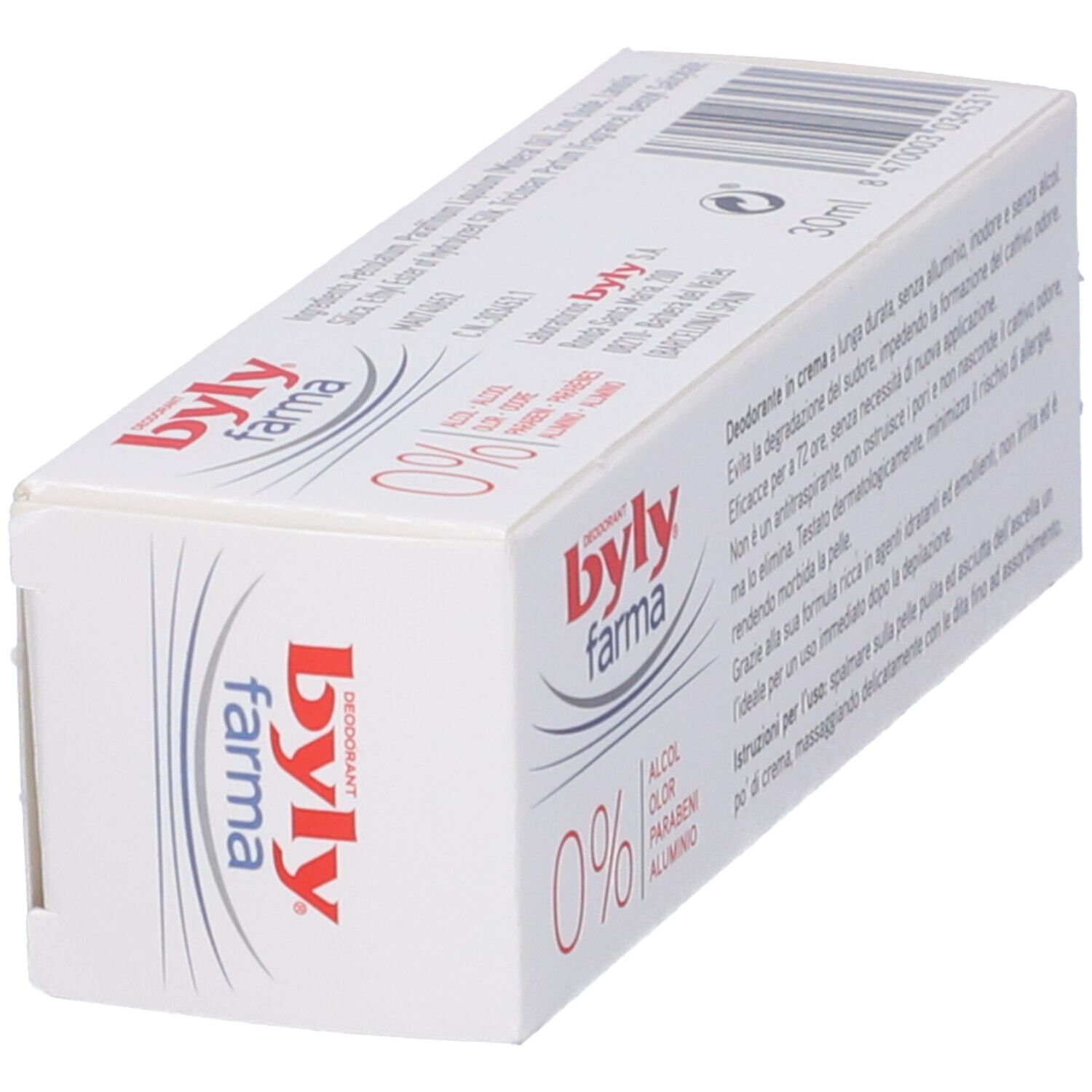 Confezione bianca inclinata con logo rosso "byly farma" e "0%". Testo in italiano.