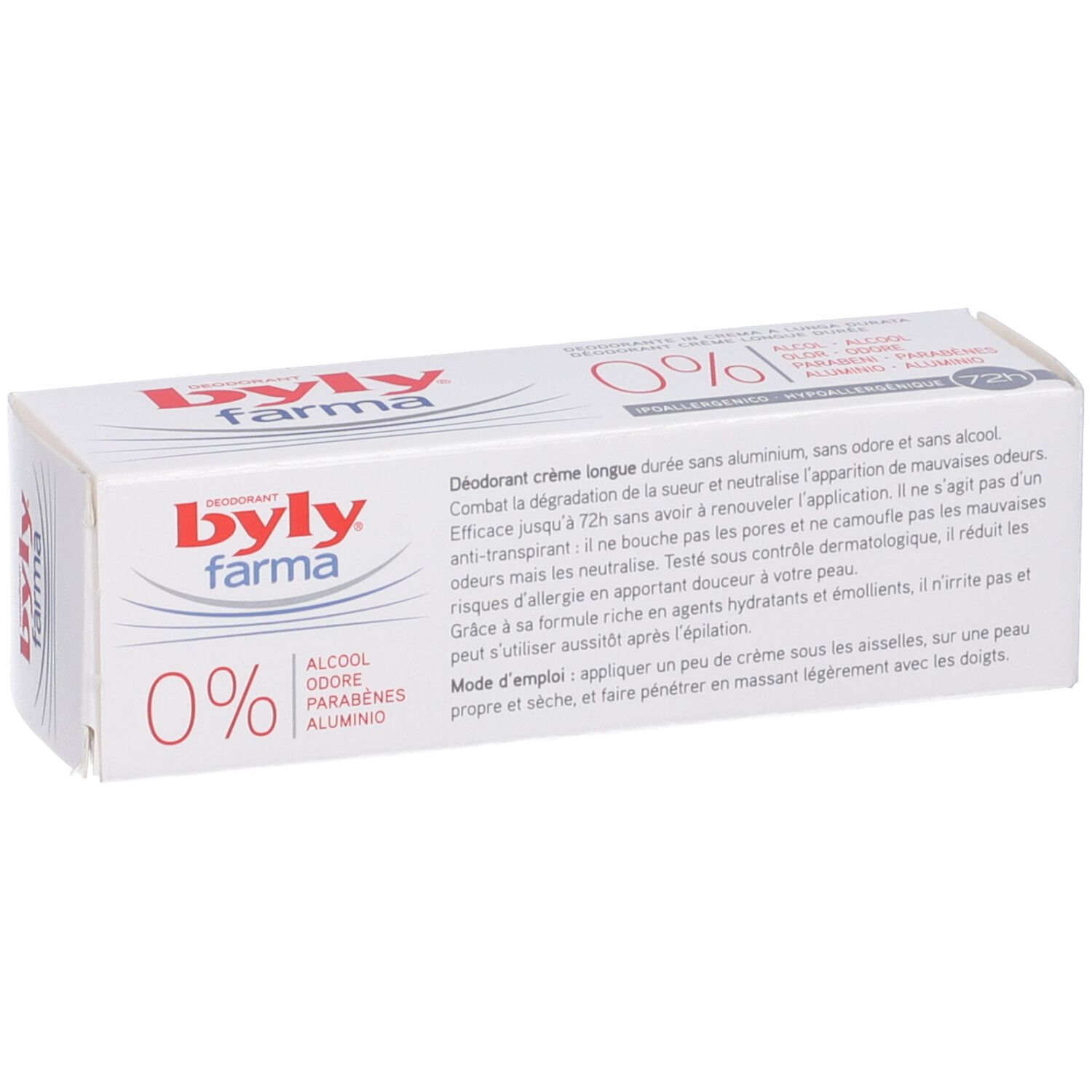 Confezione bianca con logo rosso "byly farma" e scritta "0%". Testo in francese.
