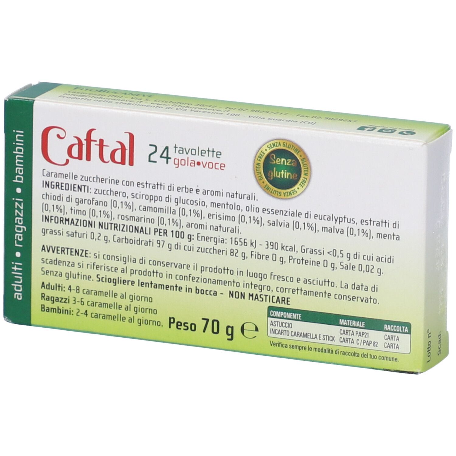 Retro della confezione Caftal Gola Voce 24 tavolette con dettagli nutrizionali e ingredienti.