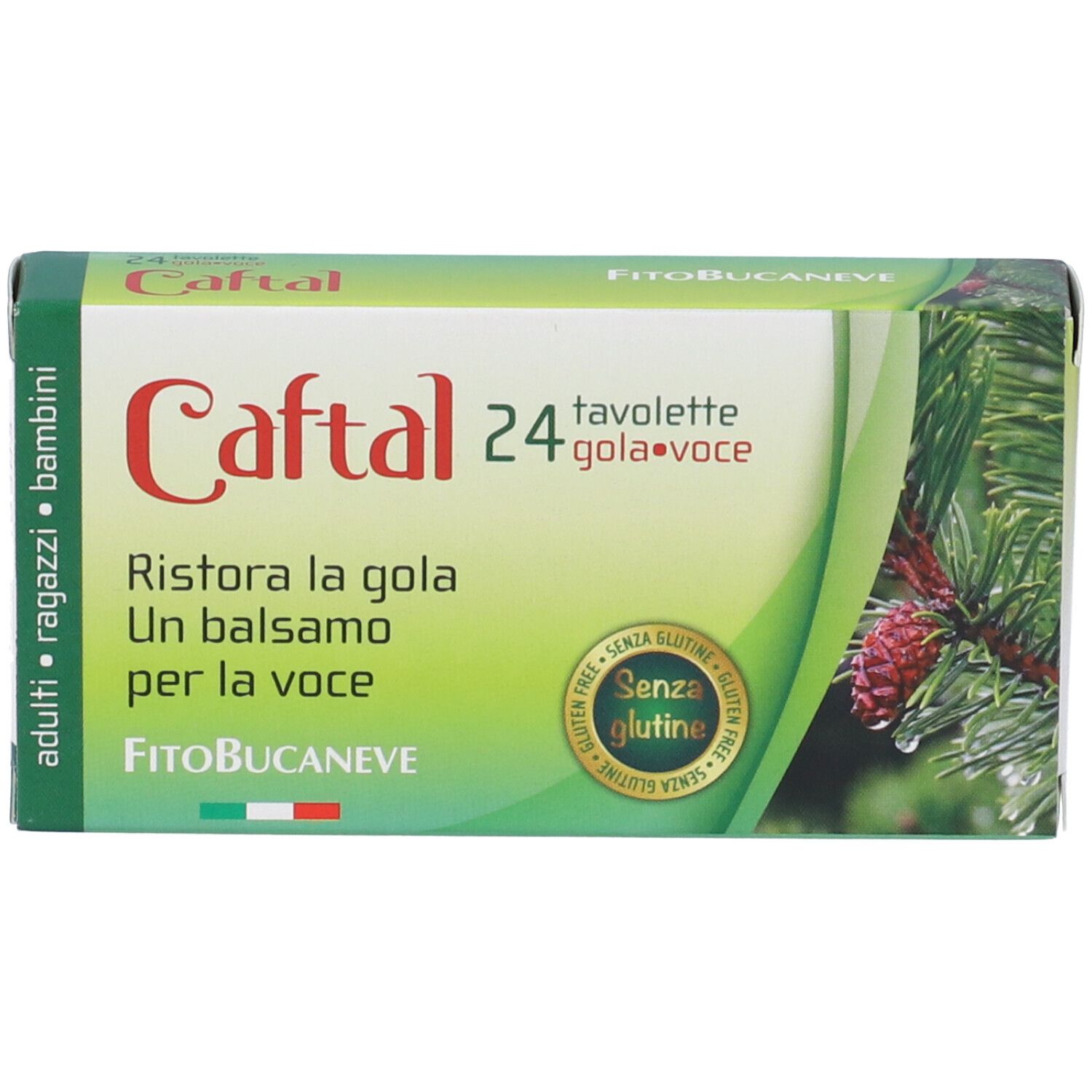 Caftal Gola Voce 24 tavolette, confezione con motivi di pino e sigillo senza glutine.