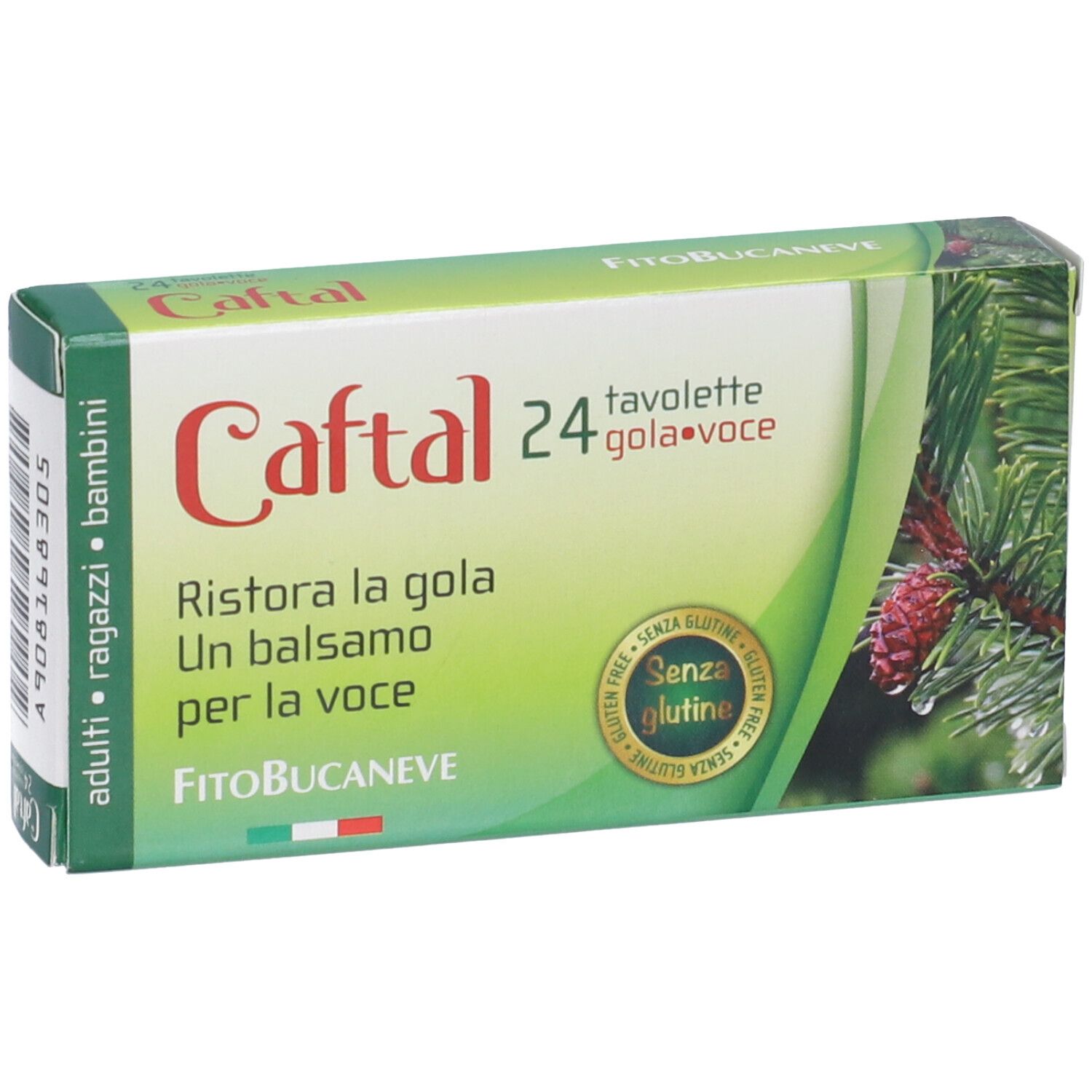 Caftal Gola Voce 24 tavolette, confezione con motivi di pino e sigillo senza glutine.