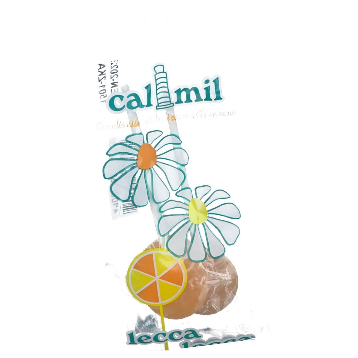 Confezione trasparente con tre lecca lecca a forma di fiori e una fetta di limone. Scritte "calmil" e "lecca".