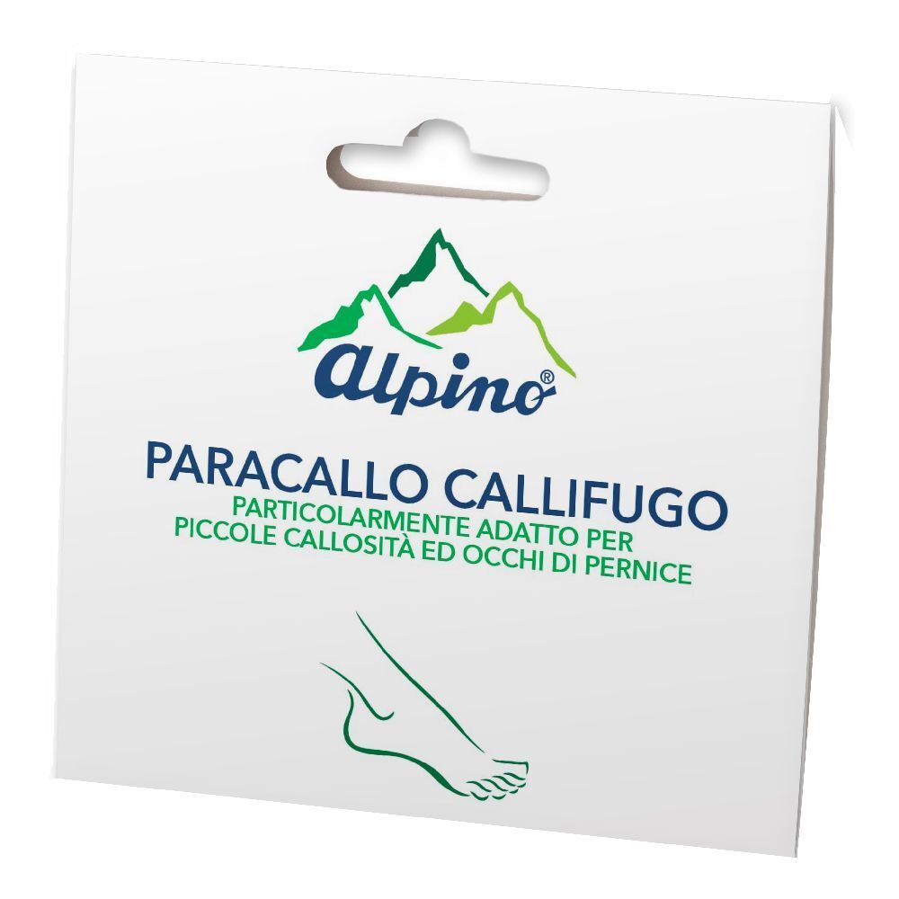 Confezione bianca con logo Alpino e scritta Paracallo Callifugo. Illustrazione di un piede.