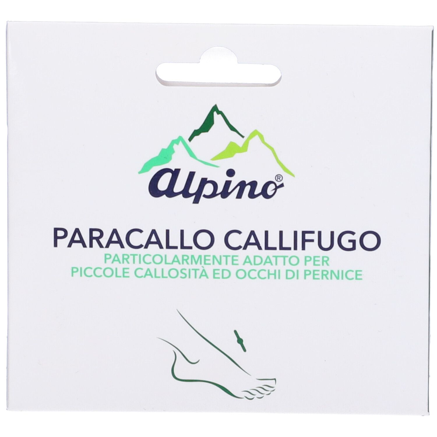 Confezione bianca con logo Alpino e scritta Paracallo Callifugo. Illustrazione di un piede con freccia.