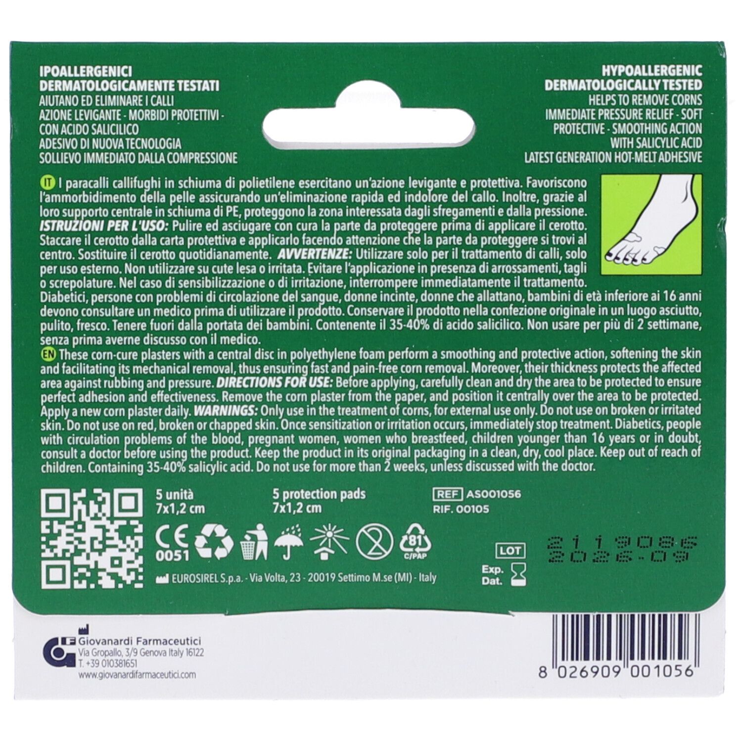 Retro della confezione. Testo: 5 unità, 7x1,2 cm. Ingredienti e istruzioni per l'uso. Codice QR e informazioni produttore.