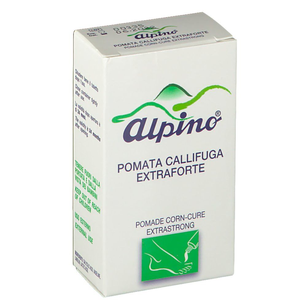 Scatola bianca con Alpino® Pomata Callifuga Extraforte. Logo verde e bianco, nome del prodotto e illustrazione di un piede.