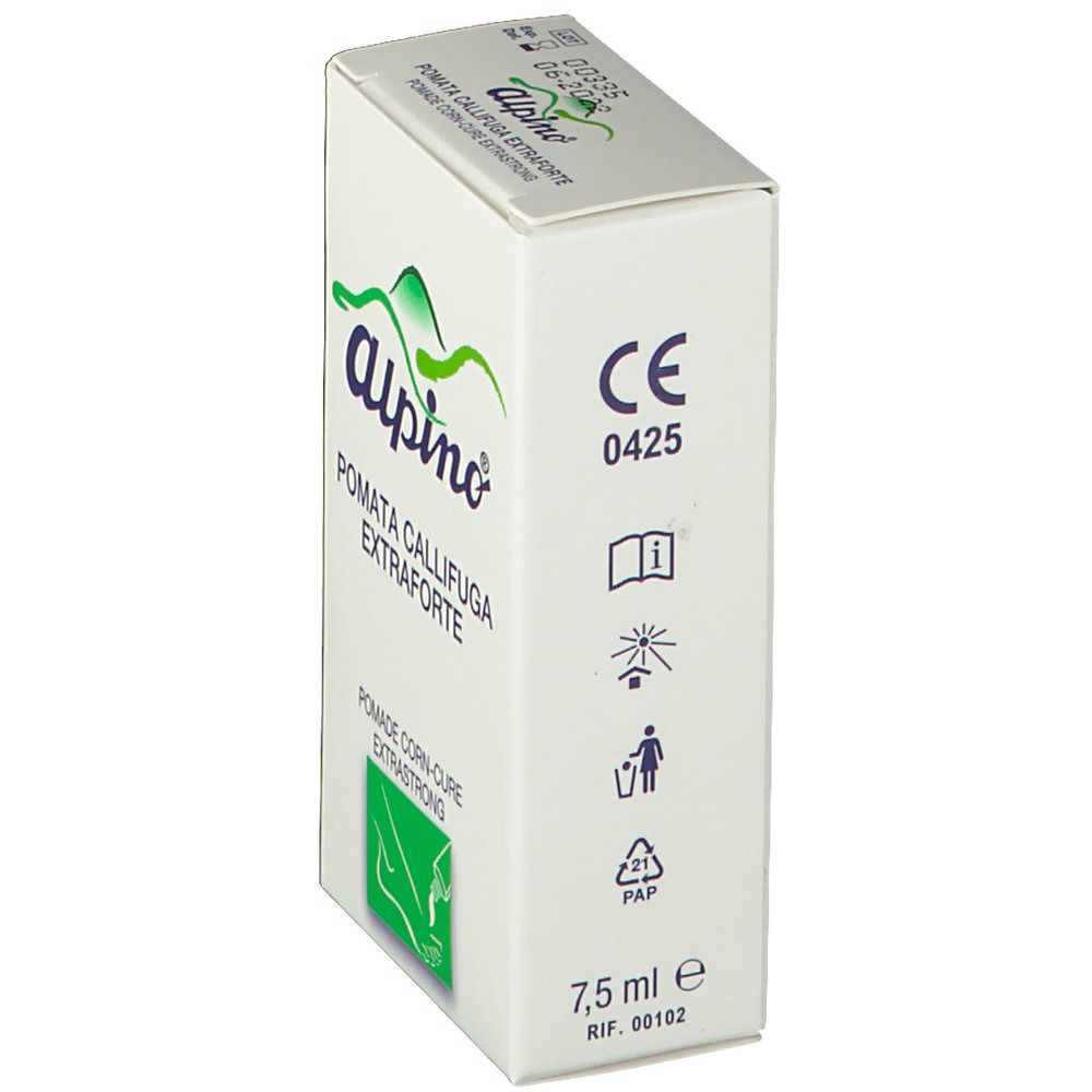 Scatola bianca con Alpino® Pomata Callifuga Extraforte. Marchio CE, pittogrammi e indicazione del volume: 7,5 ml.