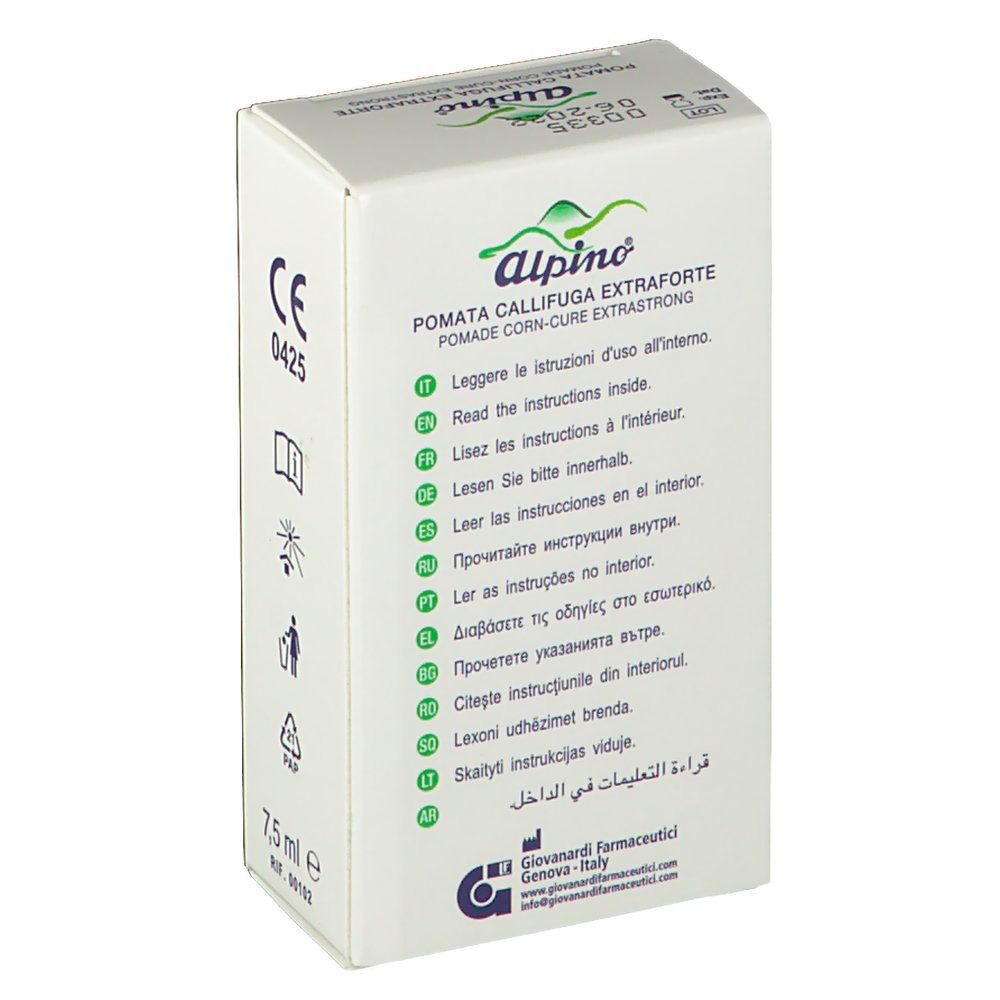 Retro della scatola bianca con Alpino® Pomata Callifuga Extraforte. Istruzioni multilingue e logo del produttore.