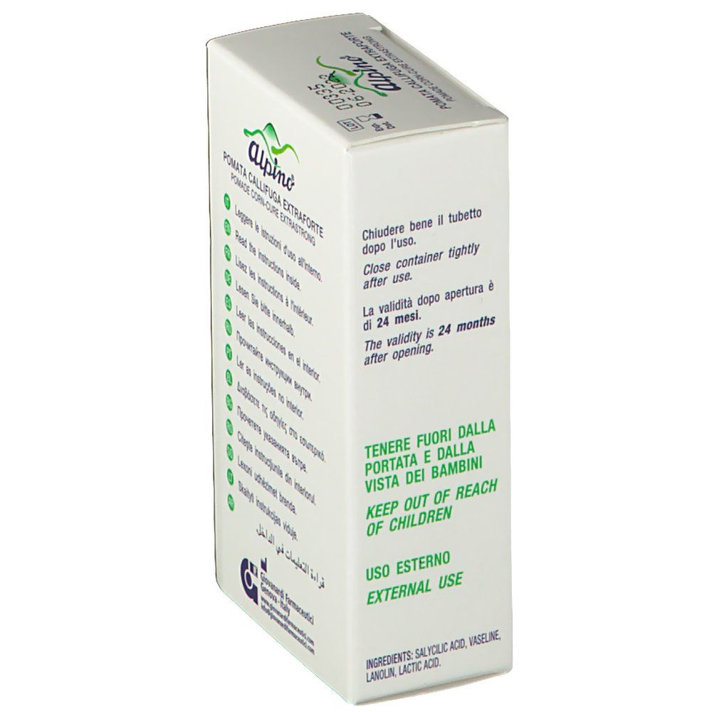 Scatola bianca con Alpino® Pomata Callifuga Extraforte. Istruzioni per l'uso, validità e ingredienti.
