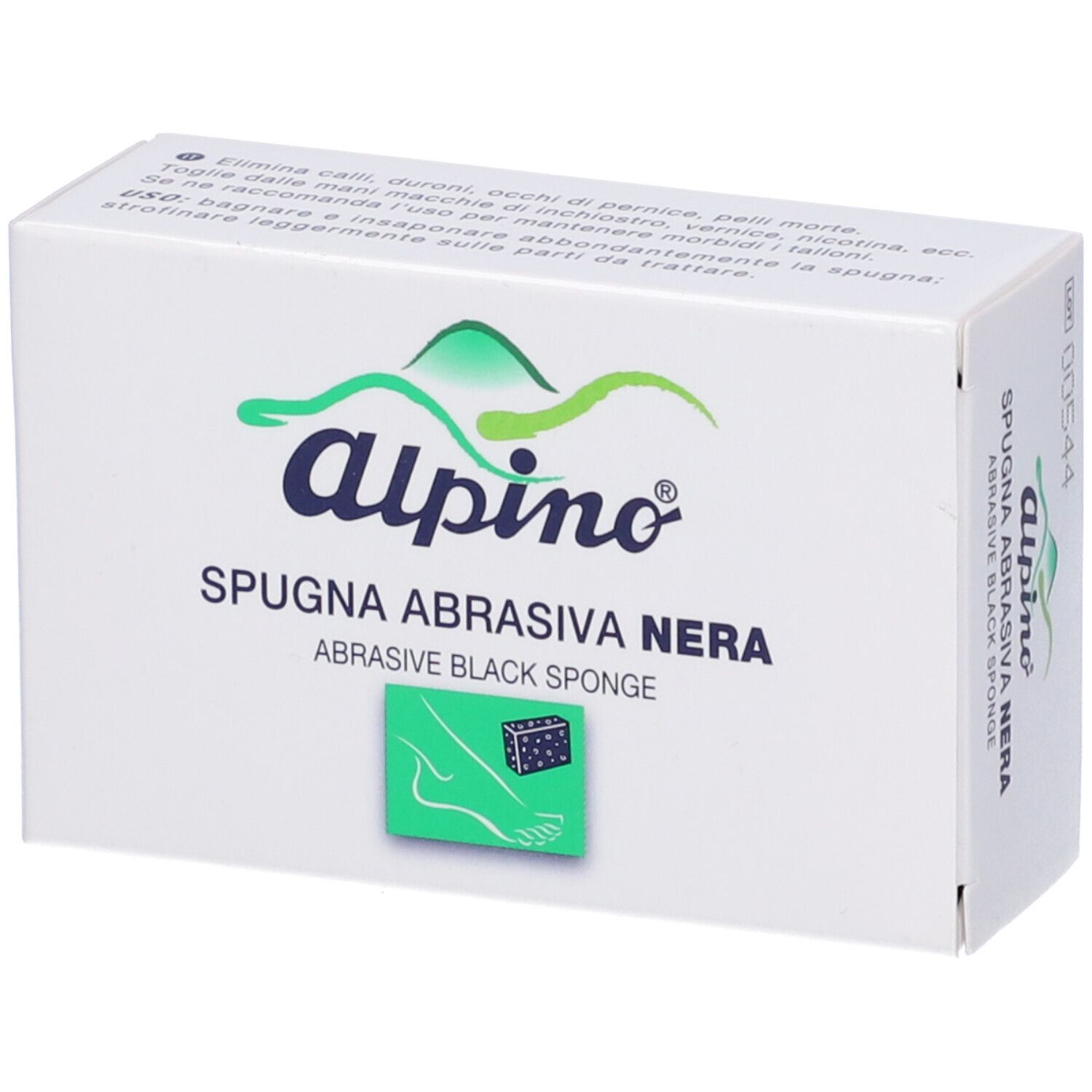 Confezione rettangolare Alpino Spugna Nera. Scatola bianca con logo verde e nome del prodotto. Illustrazione di un piede e spugna.