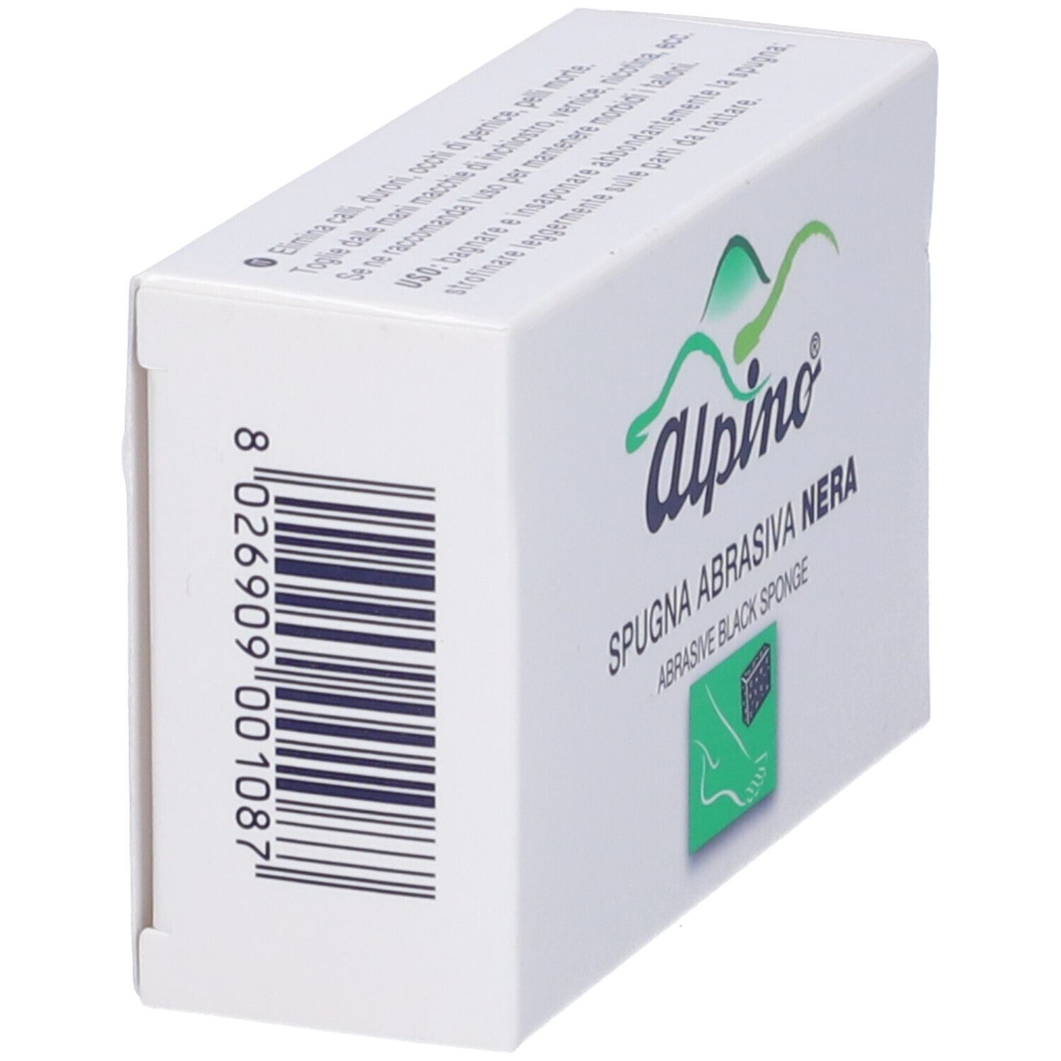 Confezione Alpino Spugna Nera. Scatola bianca con logo verde e nome del prodotto. Codice a barre sul lato.