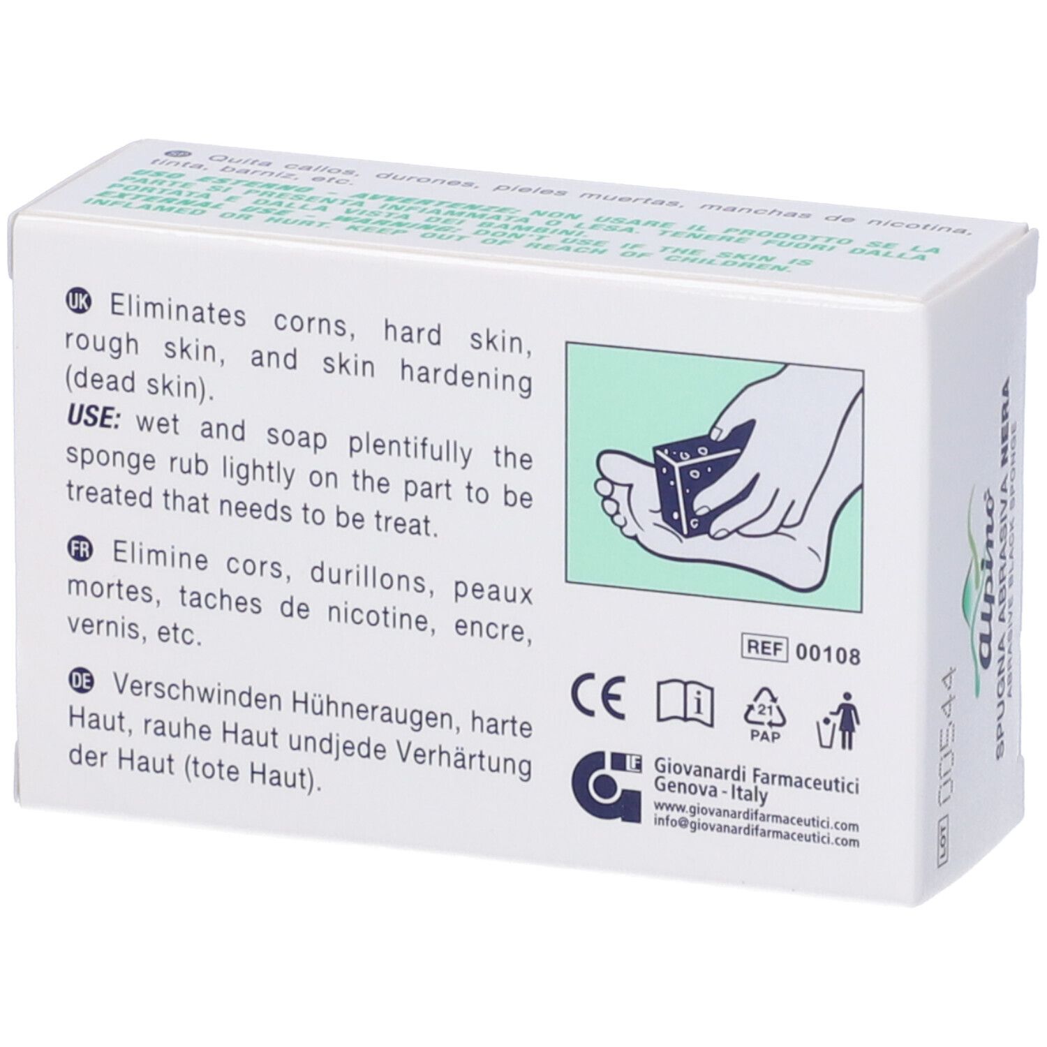 Confezione Alpino Spugna Nera. Scatola bianca con logo verde e nome del prodotto. Testo con informazioni e marchio CE.