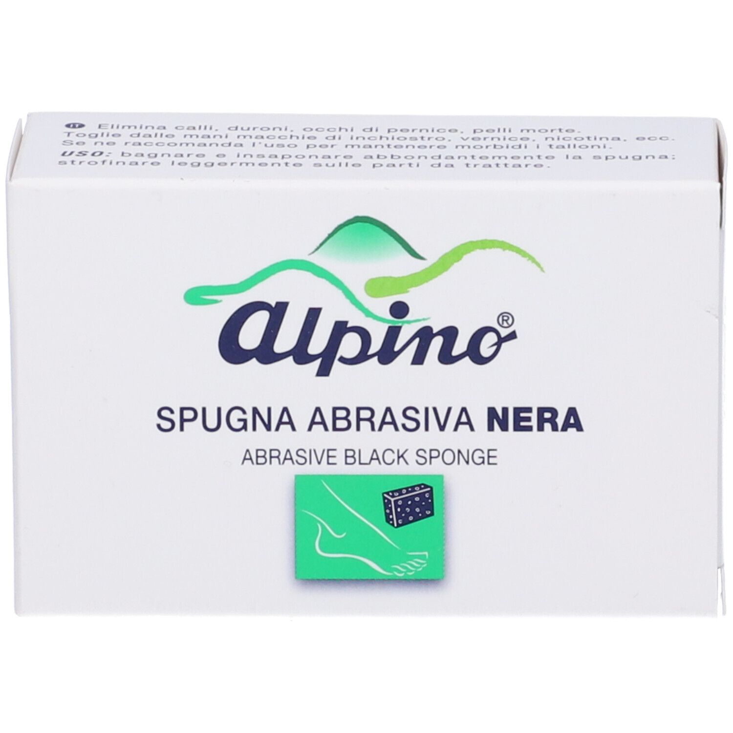 Confezione Alpino Spugna Nera. Scatola bianca con logo verde e nome del prodotto. Illustrazione di un piede e spugna.