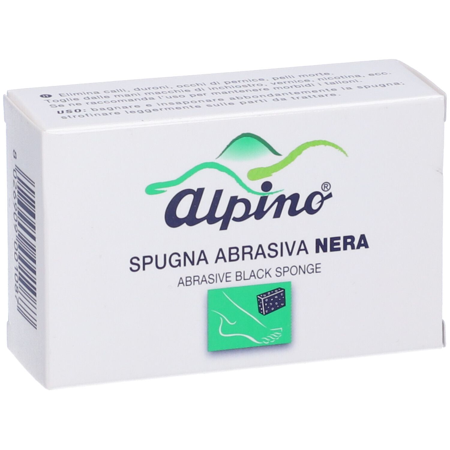 Confezione Alpino Spugna Nera. Scatola bianca con logo verde e nome del prodotto. Illustrazione di un piede e spugna.
