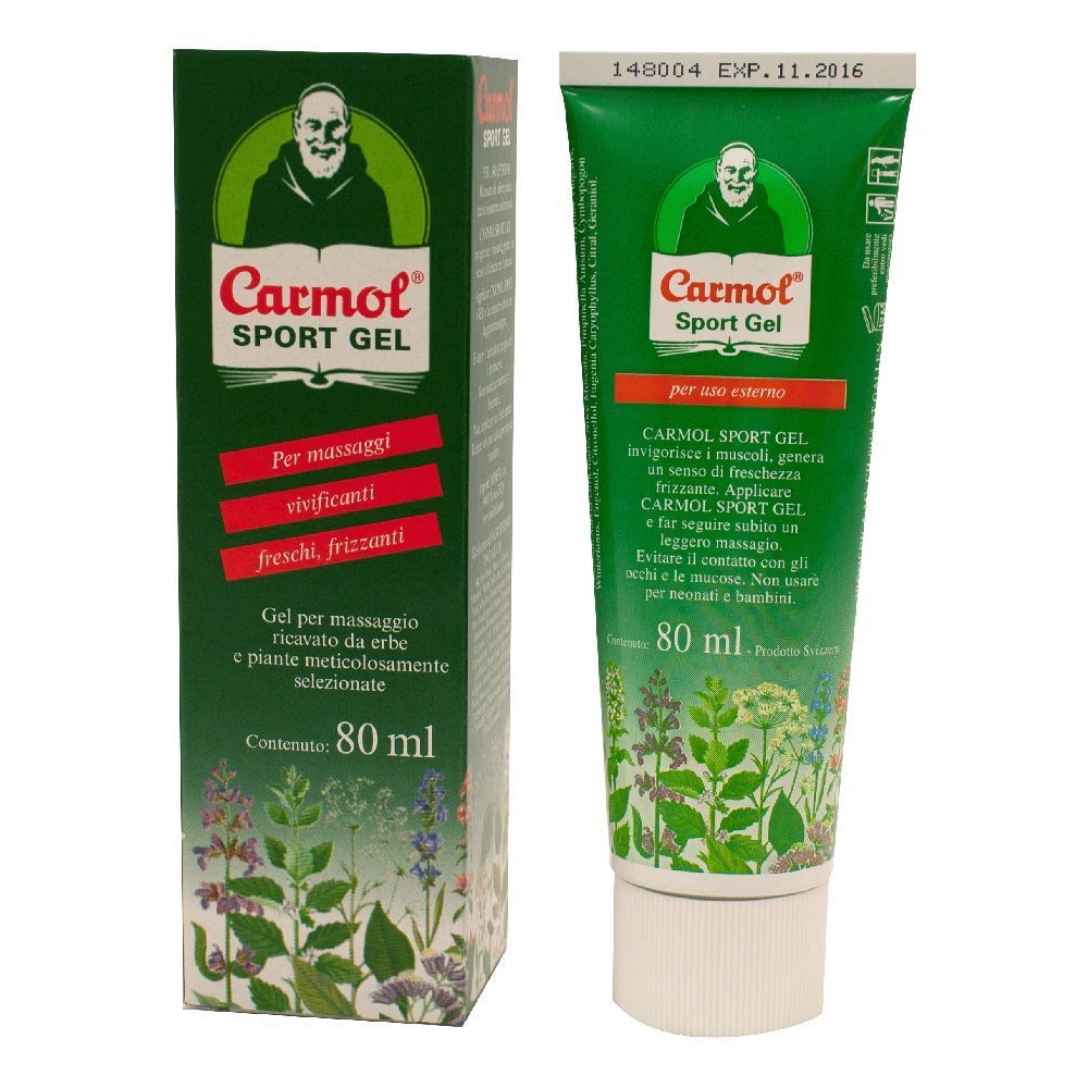 Tubo e scatola verdi con stampa del prodotto. Testo: Carmol Sport Gel, 80 ml. Immagine di un monaco.