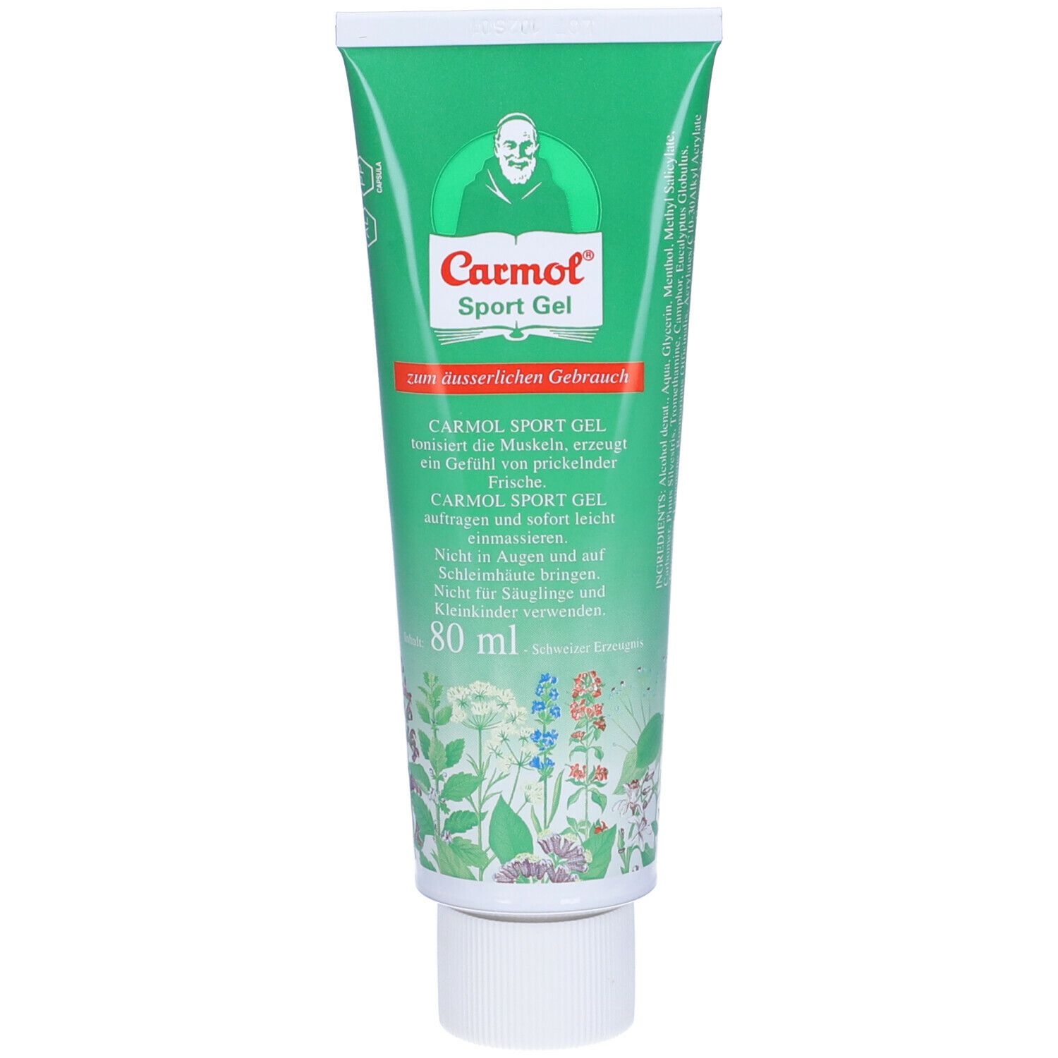 Tubo verde con stampa del prodotto. Testo: Carmol Sport Gel, 80 ml. Immagine di un monaco. Scritta: Per uso esterno.