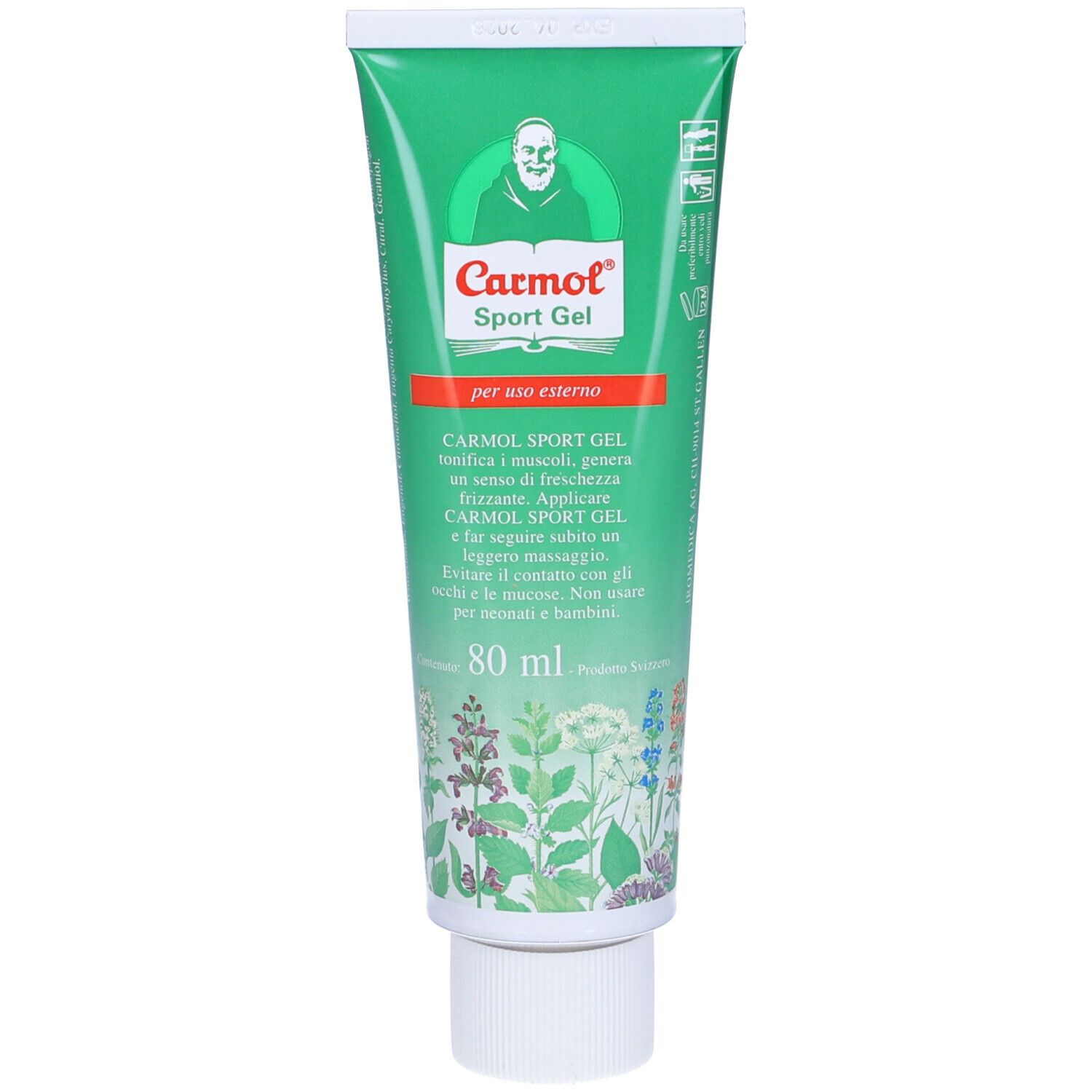 Tubo verde con stampa del prodotto. Testo: Carmol Sport Gel, 80 ml. Immagine di un monaco. Scritta: Per uso esterno.
