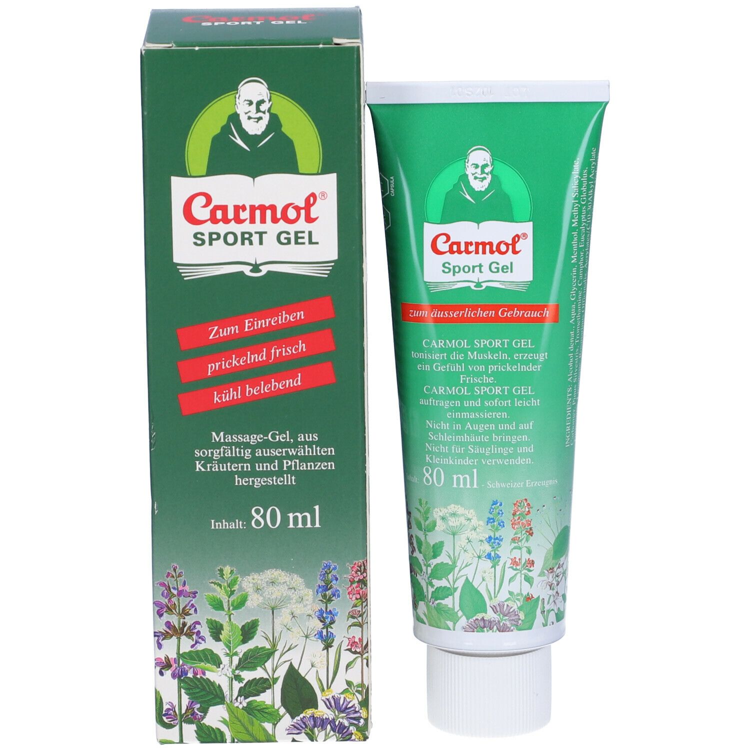 Tubo e scatola verdi con stampa del prodotto. Testo: Carmol Sport Gel, 80 ml. Immagine di un monaco. Scritta: Per strofinare.