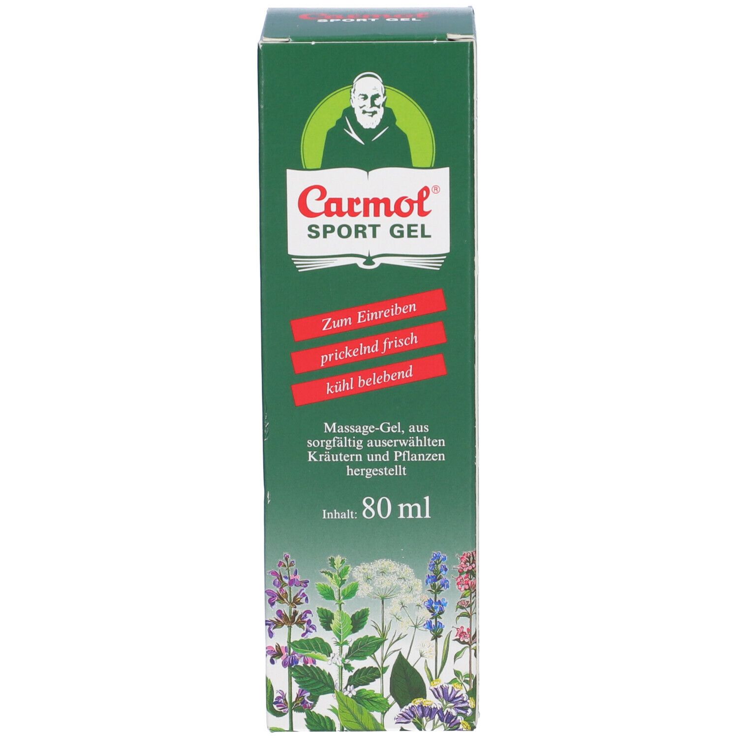 Scatola verde con stampa del prodotto. Testo: Carmol Sport Gel, 80 ml. Immagine di un monaco. Scritta: Per strofinare.