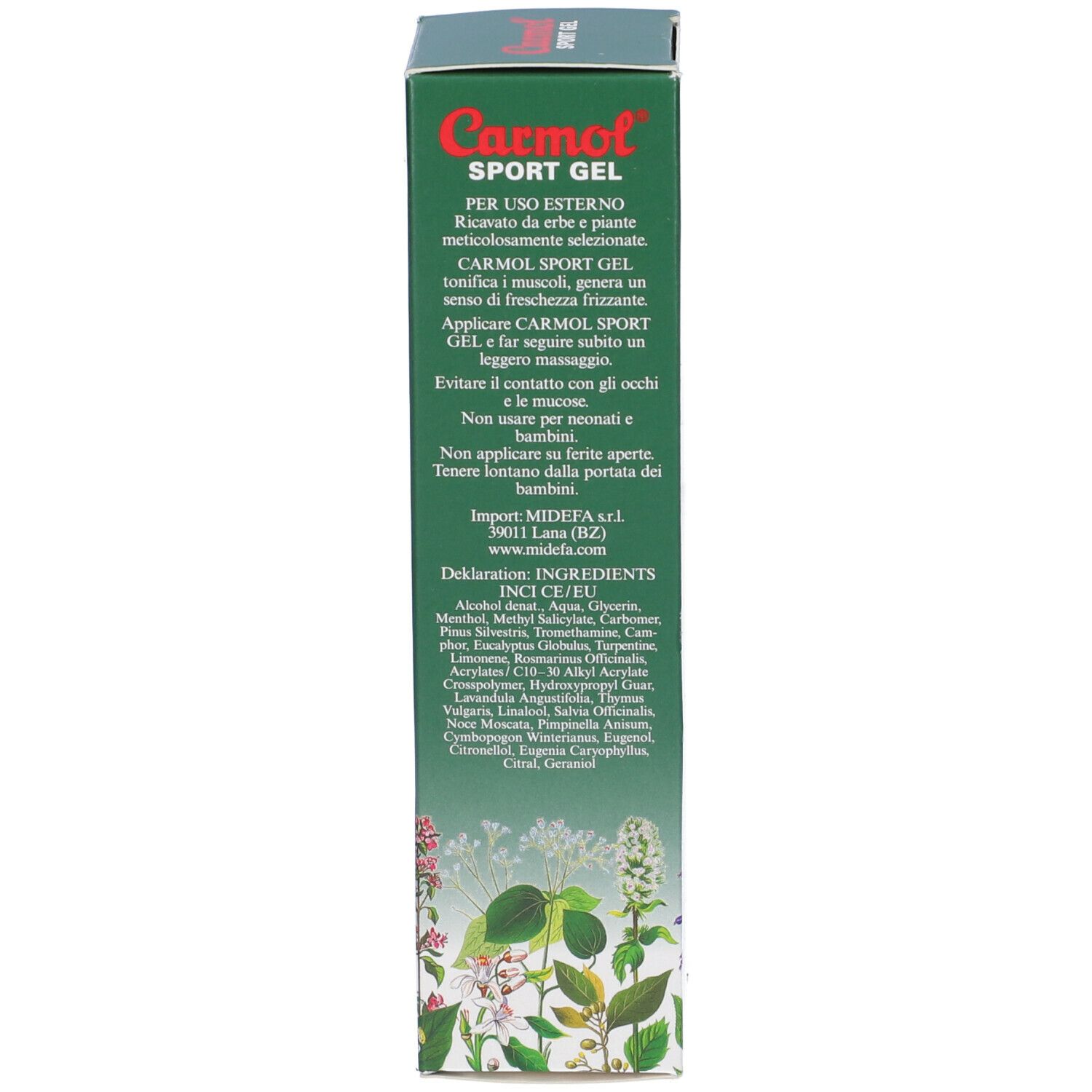 Retro della scatola verde. Testo: Carmol Sport Gel. Ingredienti, importatore, sito web. Immagine di erbe e piante.