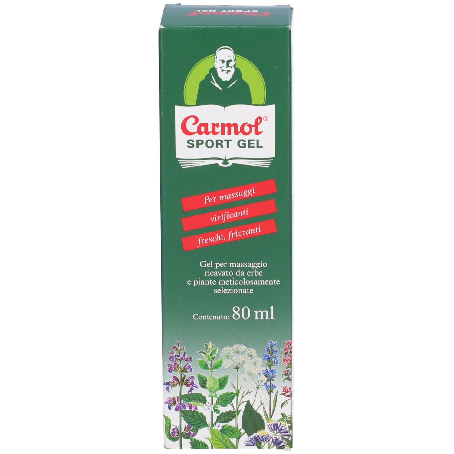 Fronte della scatola verde. Testo: Carmol Sport Gel, 80 ml. Immagine di un monaco. Scritta: Per massaggi.