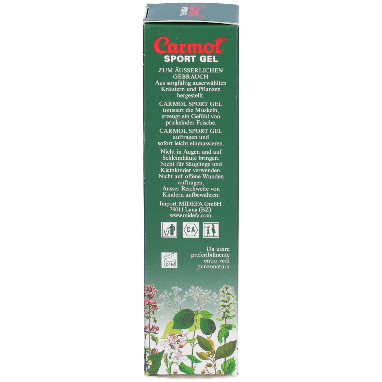 Retro della scatola verde. Testo: Carmol Sport Gel. Istruzioni per l'uso, importatore, sito web. Immagine di erbe.