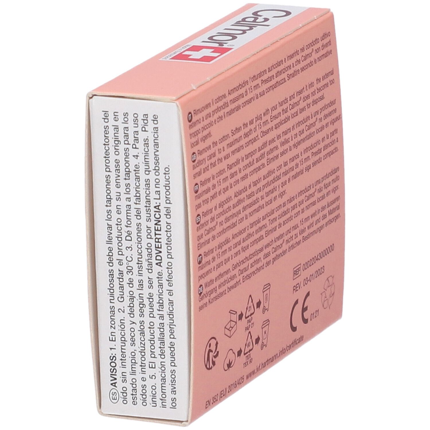 Rosa Verpackung mit Text in mehreren Sprachen. Enthält Warnhinweise und Recycling-Symbole. CE-Kennzeichnung.