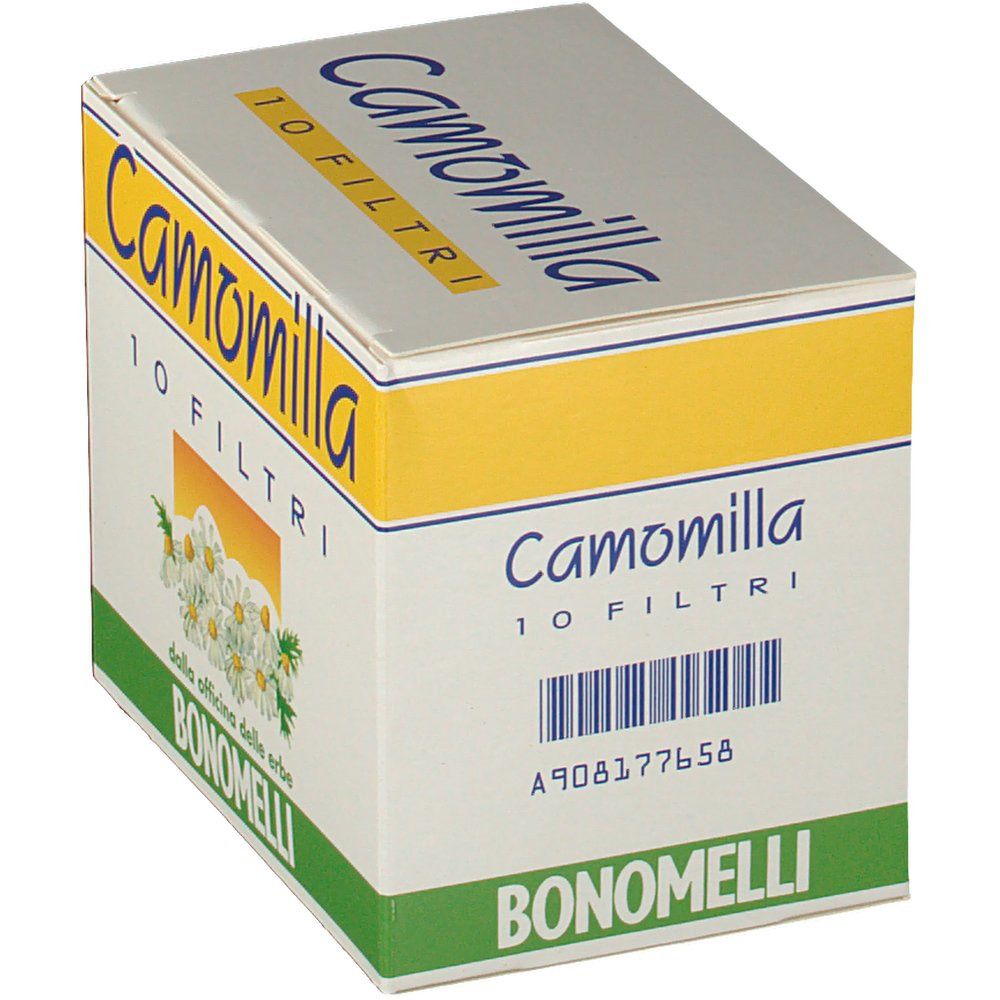 Scatola di Camomilla, 10 filtri. Accenti gialli e verdi. Marchio Bonomelli.