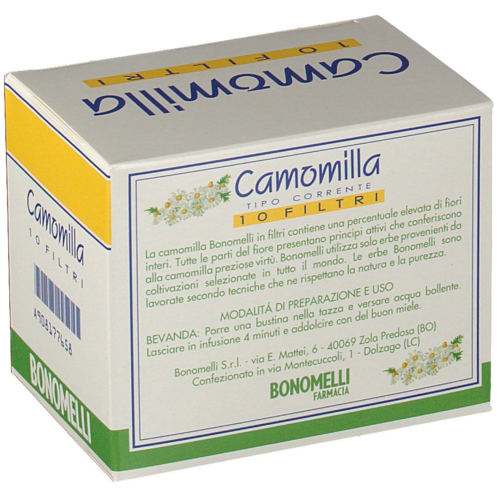 Scatola di Camomilla, 10 filtri. Testo e codice a barre. Marchio Bonomelli.