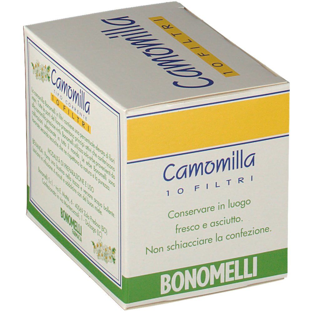 Scatola di Camomilla, 10 filtri. Testo sulla conservazione. Marchio Bonomelli.