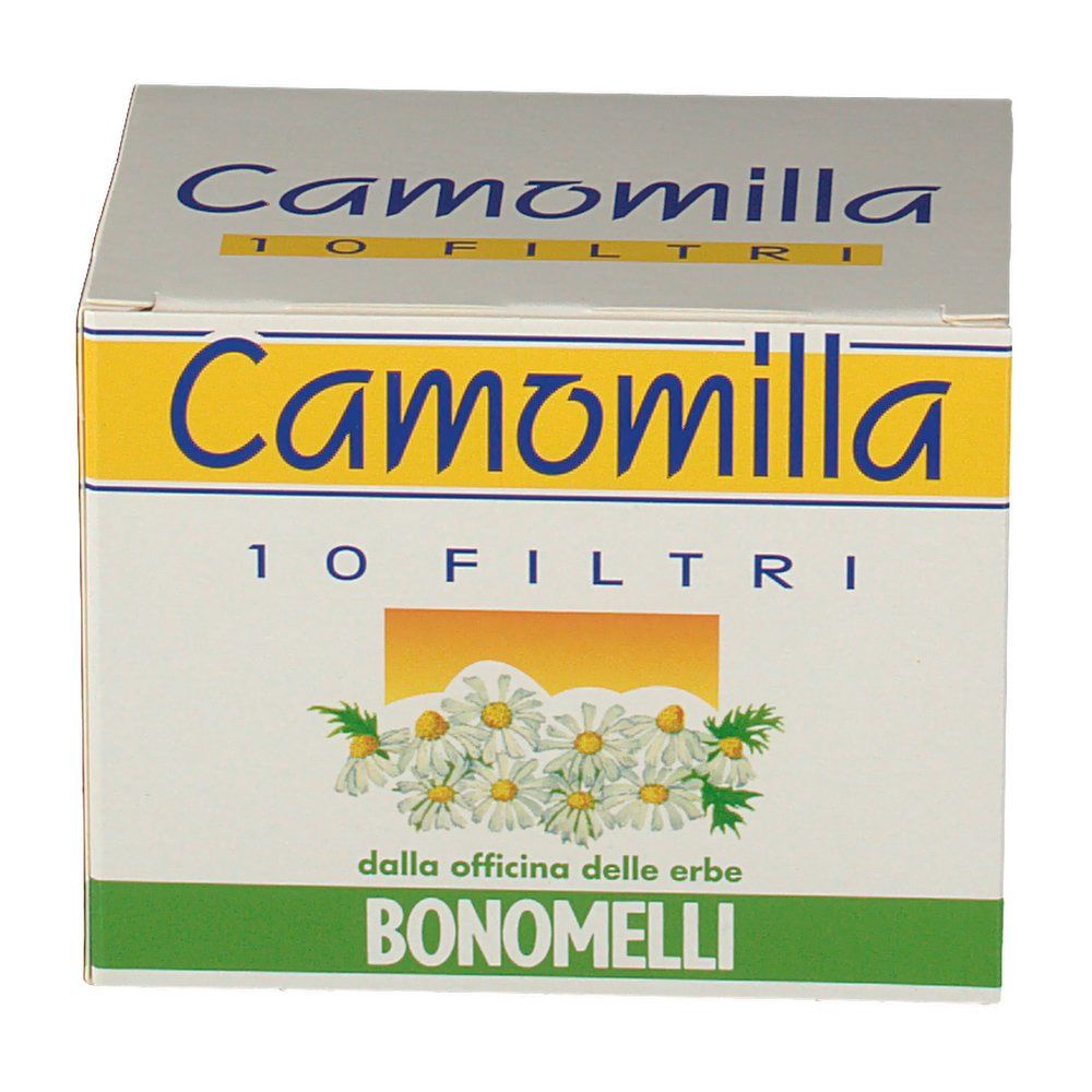 Scatola di Camomilla, 10 filtri. Illustrazione di fiori di camomilla. Marchio Bonomelli.