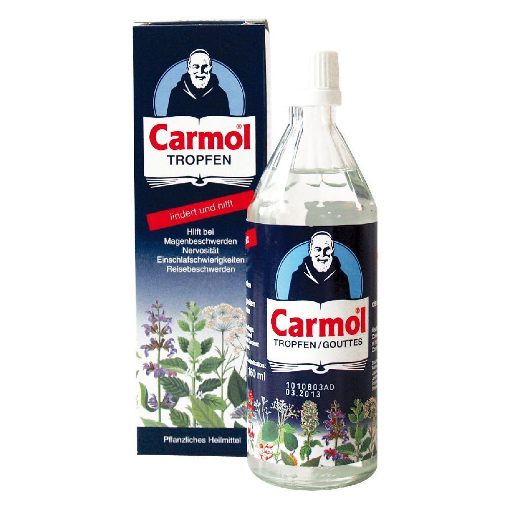 Liquido in bottiglia di vetro con scatola. Scritta: Carmol Tropfen. Immagine di un monaco. Rimedio erboristico.