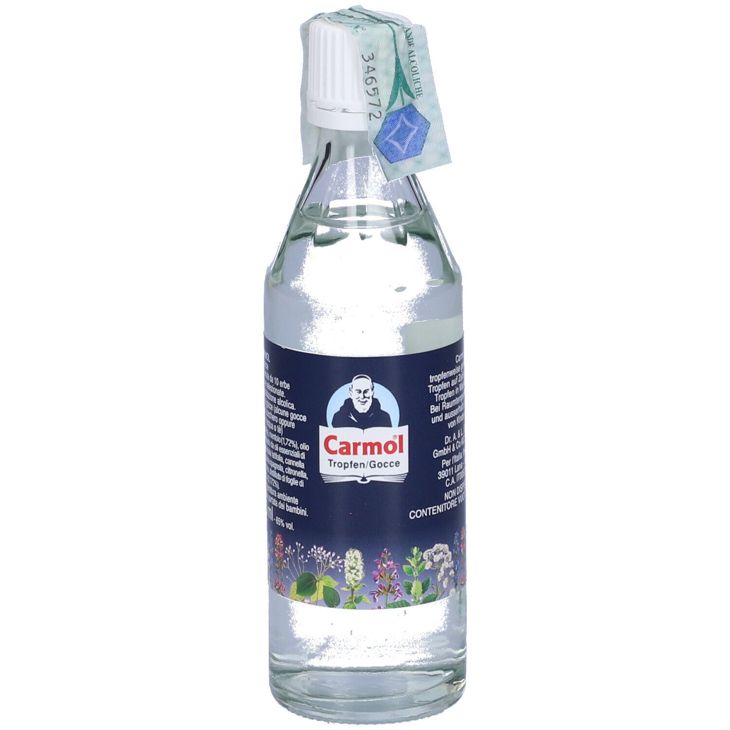 Bottiglia di vetro con liquido, tappo bianco. Scritta: Carmol Tropfen. Sigillo. Rimedio erboristico.