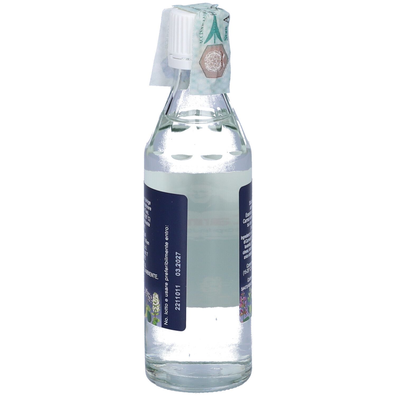 Bottiglia di vetro con liquido, tappo bianco. Scritta: Carmol Tropfen. Sigillo. Rimedio erboristico.