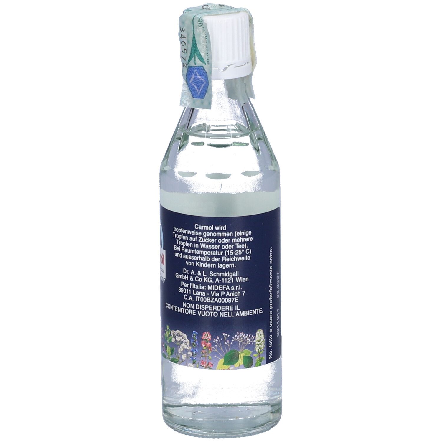 Bottiglia di vetro con liquido, tappo bianco. Scritta: Carmol Tropfen. Sigillo. Rimedio erboristico.