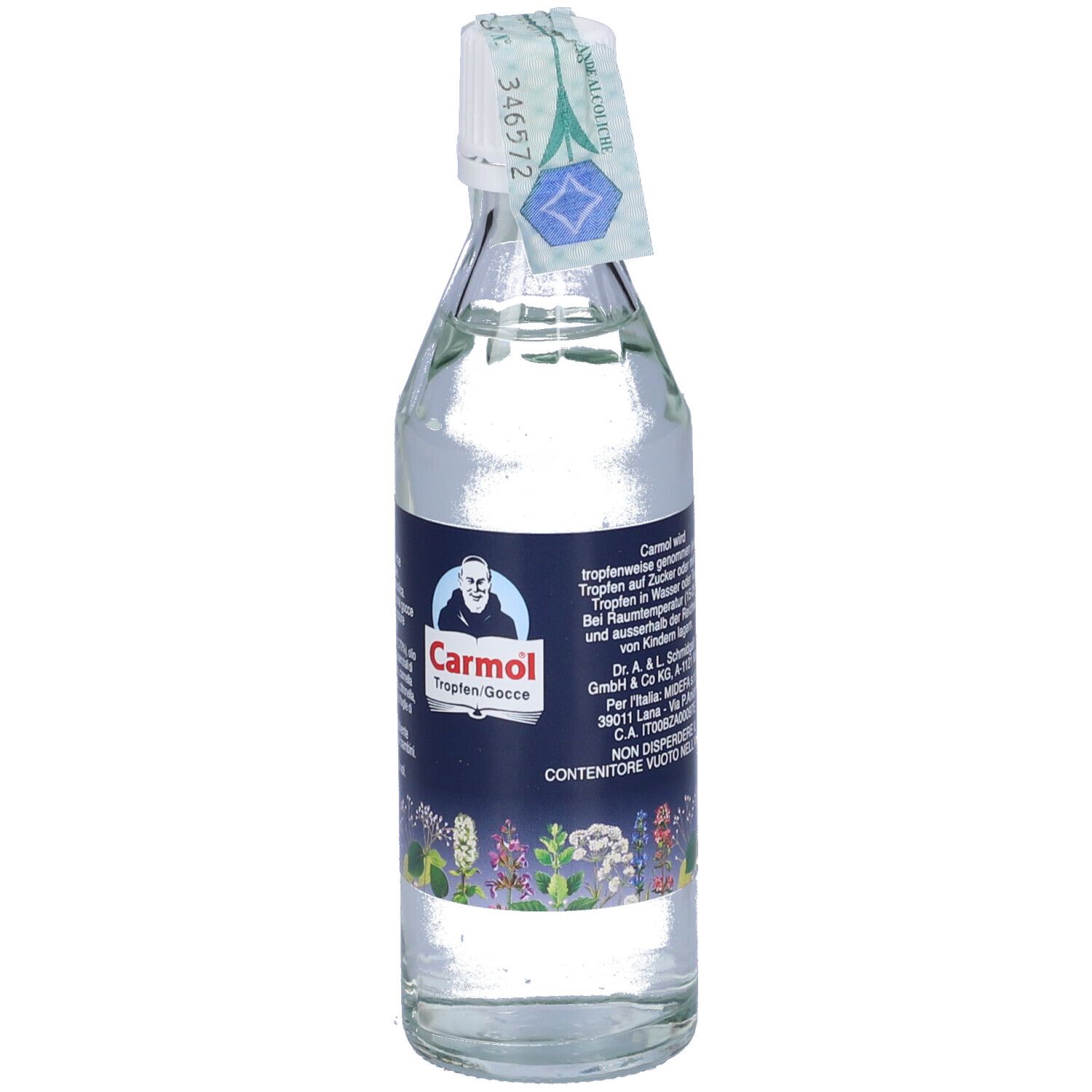 Bottiglia di vetro con liquido, tappo bianco. Scritta: Carmol Tropfen. Sigillo. Rimedio erboristico.