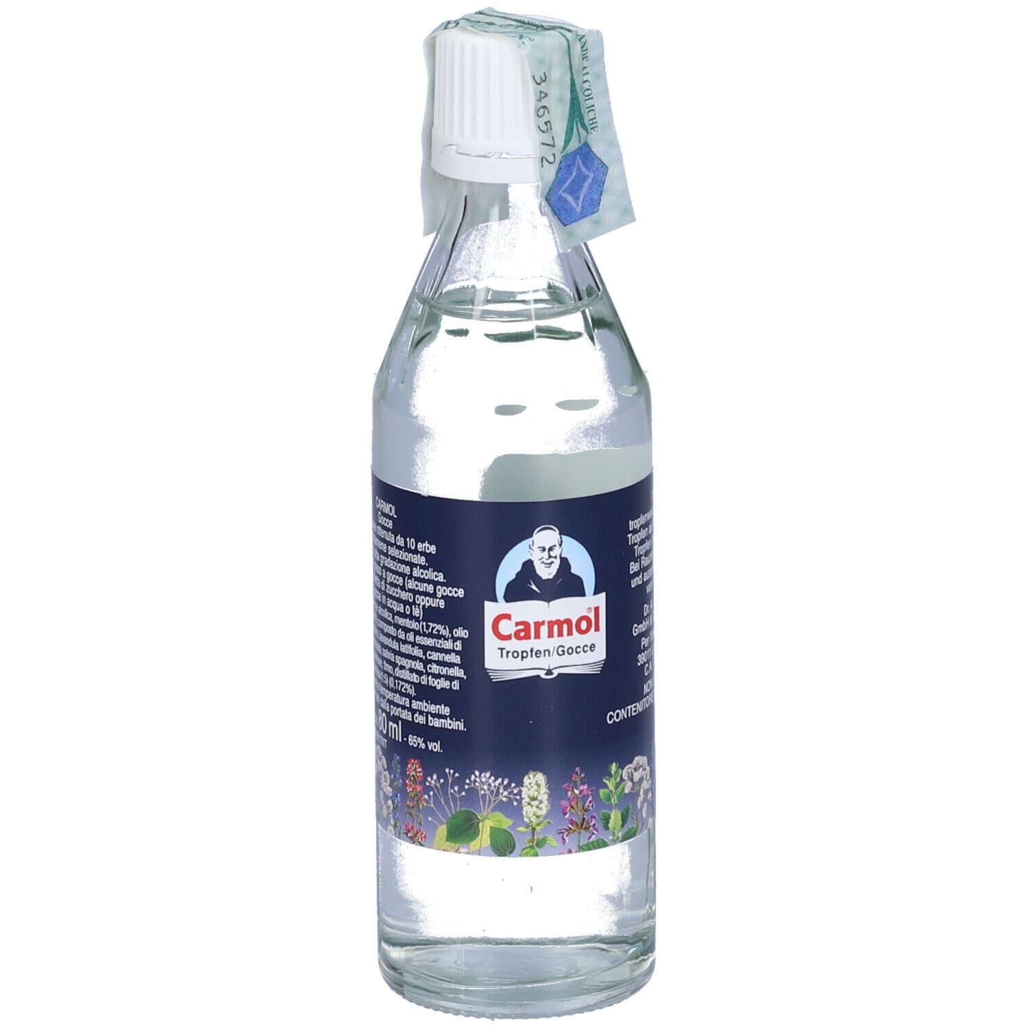 Bottiglia di vetro con liquido, tappo bianco. Scritta: Carmol Tropfen. Sigillo. Rimedio erboristico.