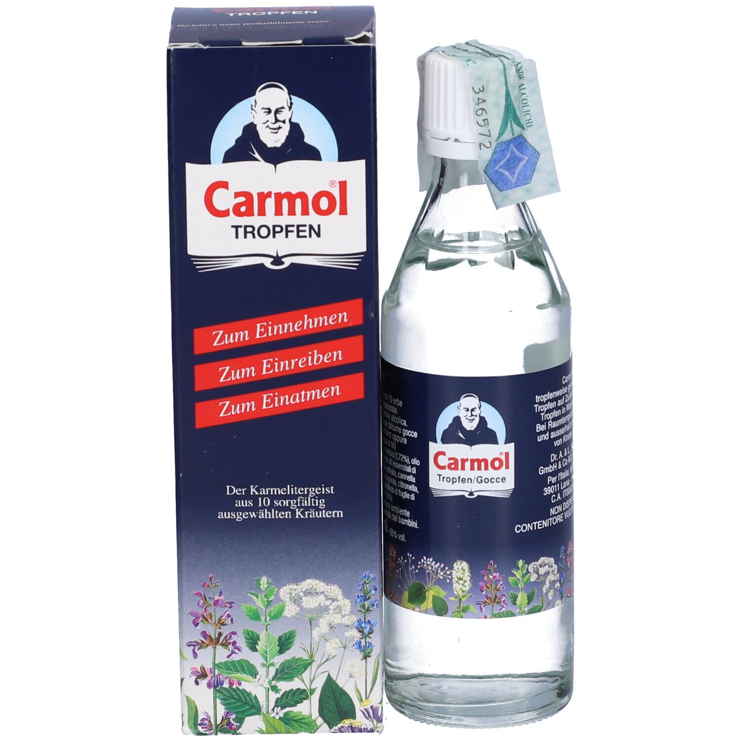 Bottiglia di vetro e scatola. Scritta: Carmol Tropfen. Immagine di un monaco. Rimedio erboristico.