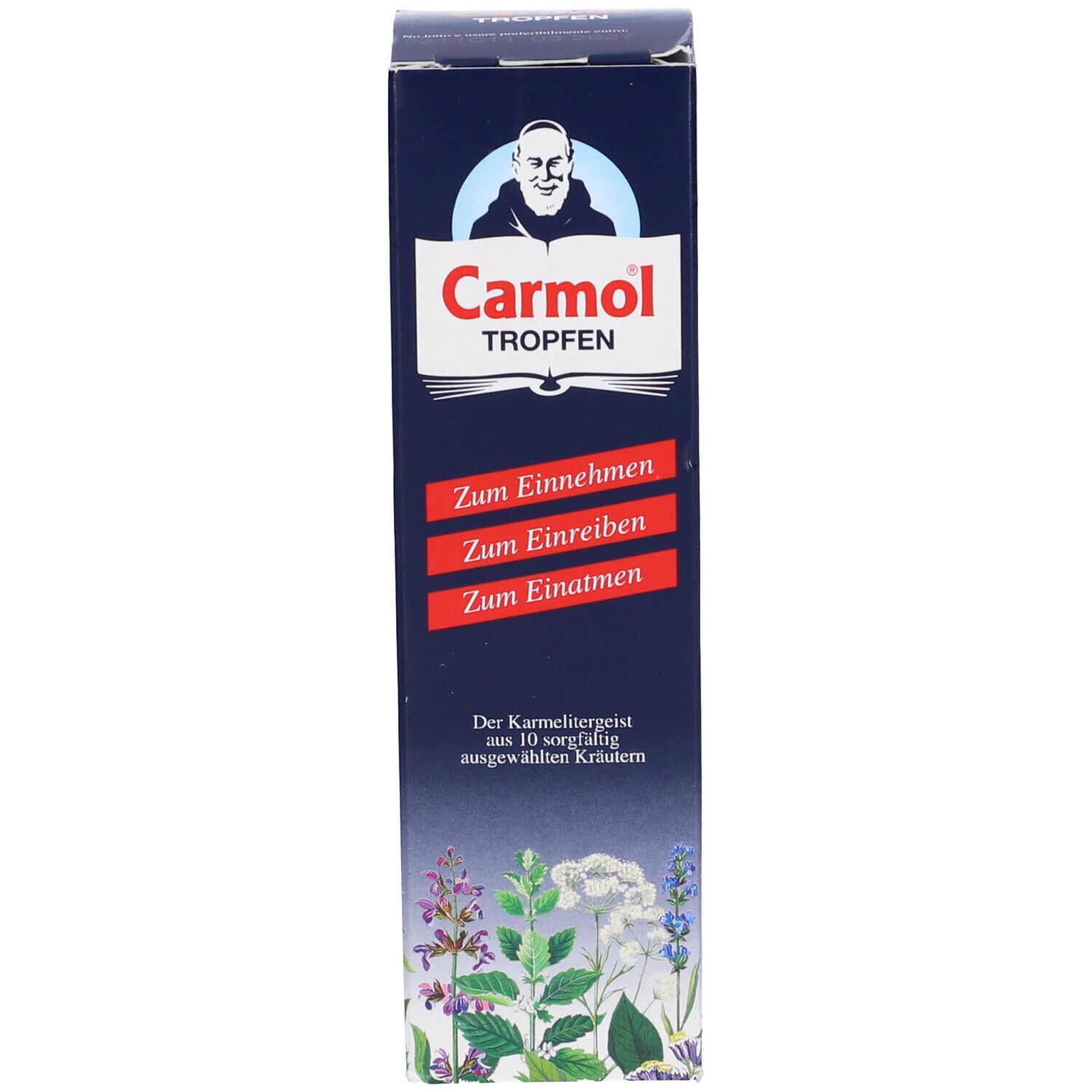 Scatola con scritta: Carmol Tropfen. Immagine di un monaco. Rimedio erboristico.