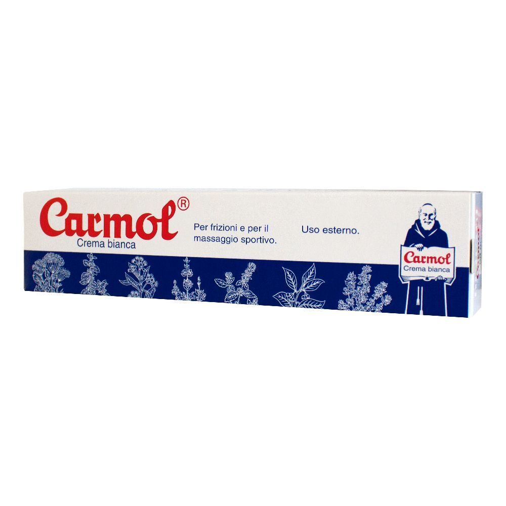 Confezione in cartone bianco con logo Carmol rosso. Testo: Crema bianca, Per frizioni e per il massaggio sportivo. Illustrazioni.