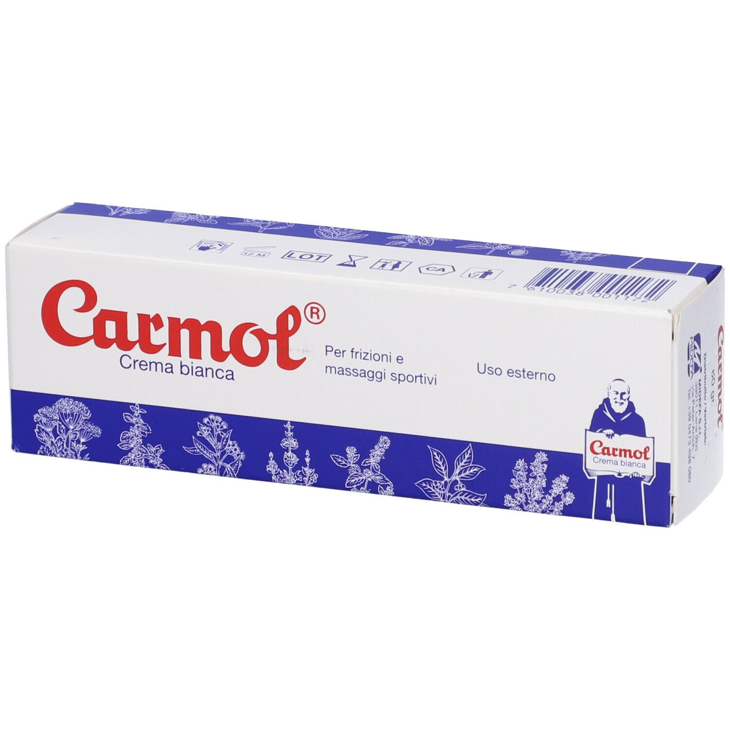 Confezione in cartone con logo Carmol. Testo: Crema bianca, Per frizioni e massaggi sportivi. Illustrazioni. Codice a barre e simboli.