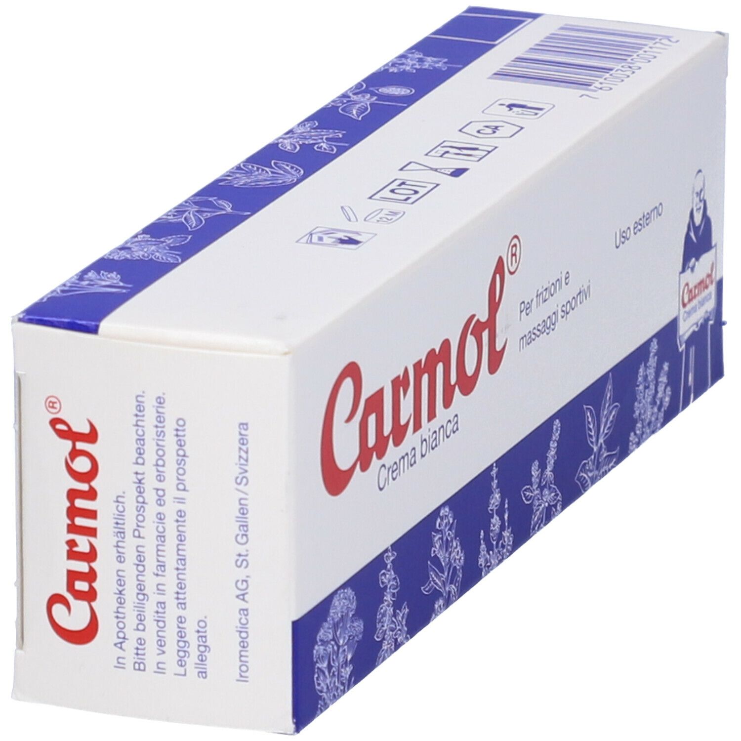 Confezione in cartone con logo Carmol. Testo: Crema bianca, Per frizioni e massaggi sportivi. Codice a barre e testo. Vista prospettica.