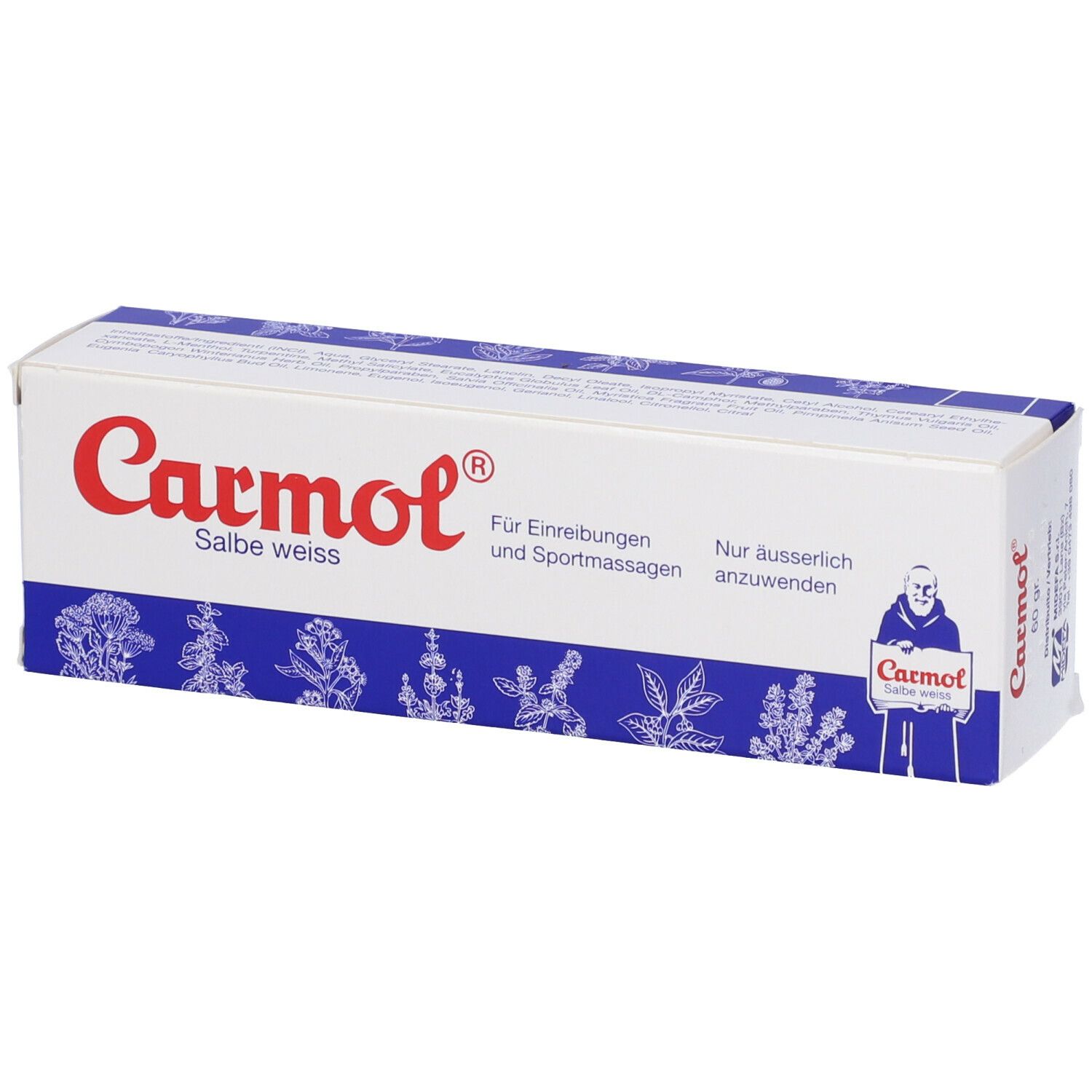 Confezione in cartone con logo Carmol. Testo: Salbe weiss, Für Einreibungen und Sportmassagen. Illustrazioni. Vista prospettica.