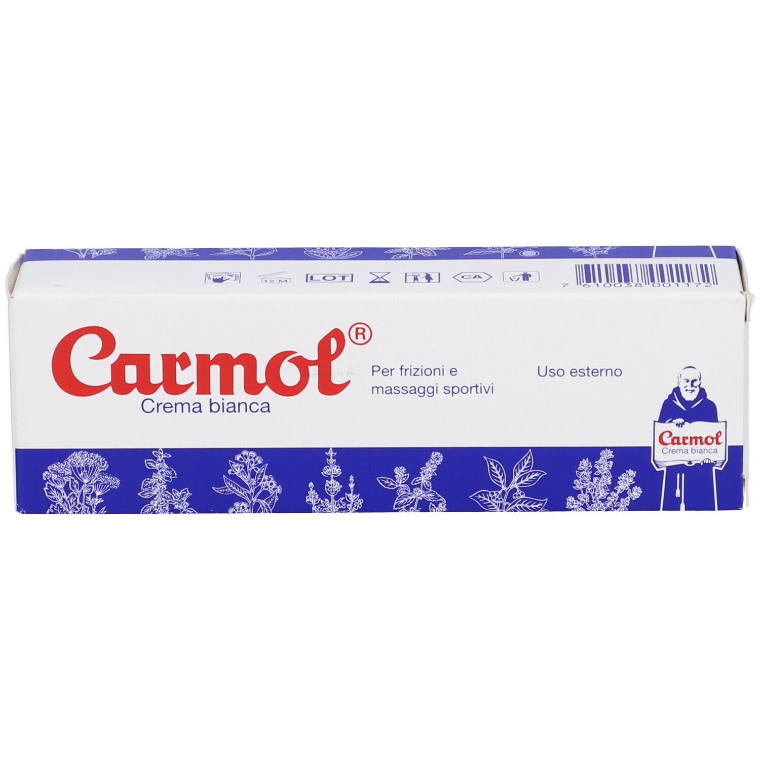 Confezione in cartone con logo Carmol. Testo: Crema bianca, Per frizioni e massaggi sportivi. Codice a barre e simboli. Vista prospettica.