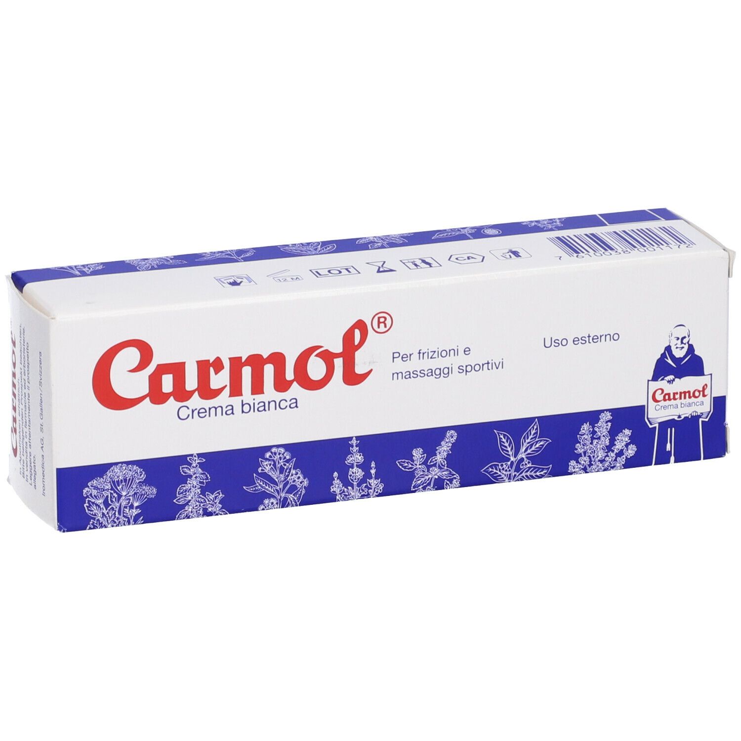 Confezione in cartone con logo Carmol. Testo: Crema bianca, Per frizioni e massaggi sportivi. Codice a barre e simboli. Vista prospettica.