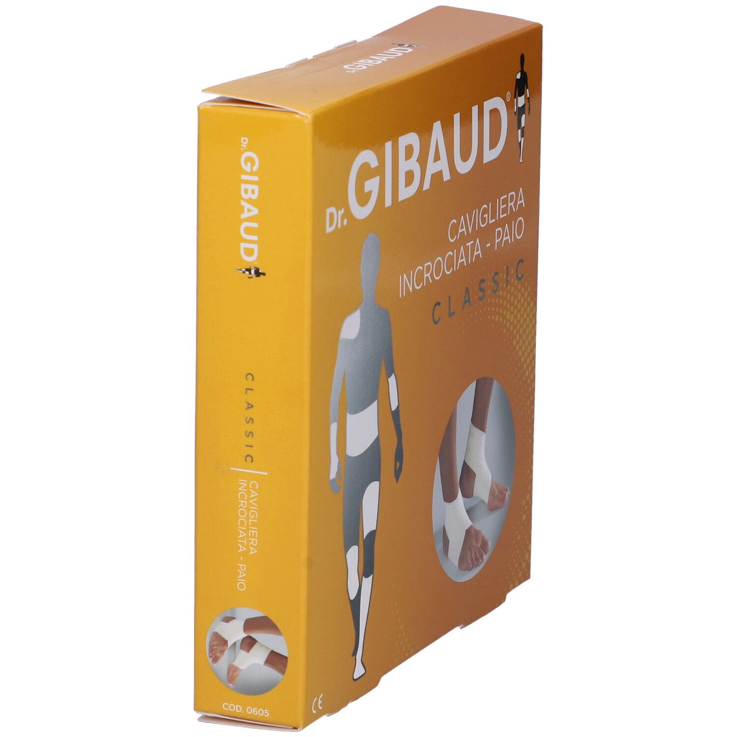 Confezione della cavigliera. Stampa: Dr. Gibaud, Cavigliera Incrociata - Paio, Classic. Vista laterale.